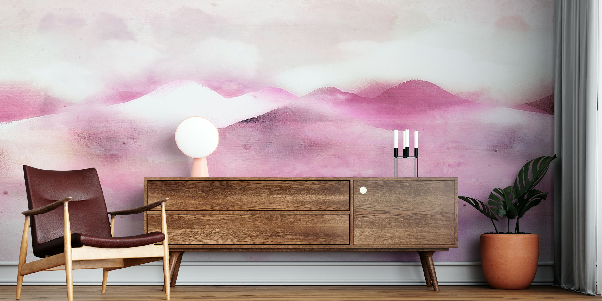 Papel tapiz Japandi Dream Magenta mostrado en una habitación