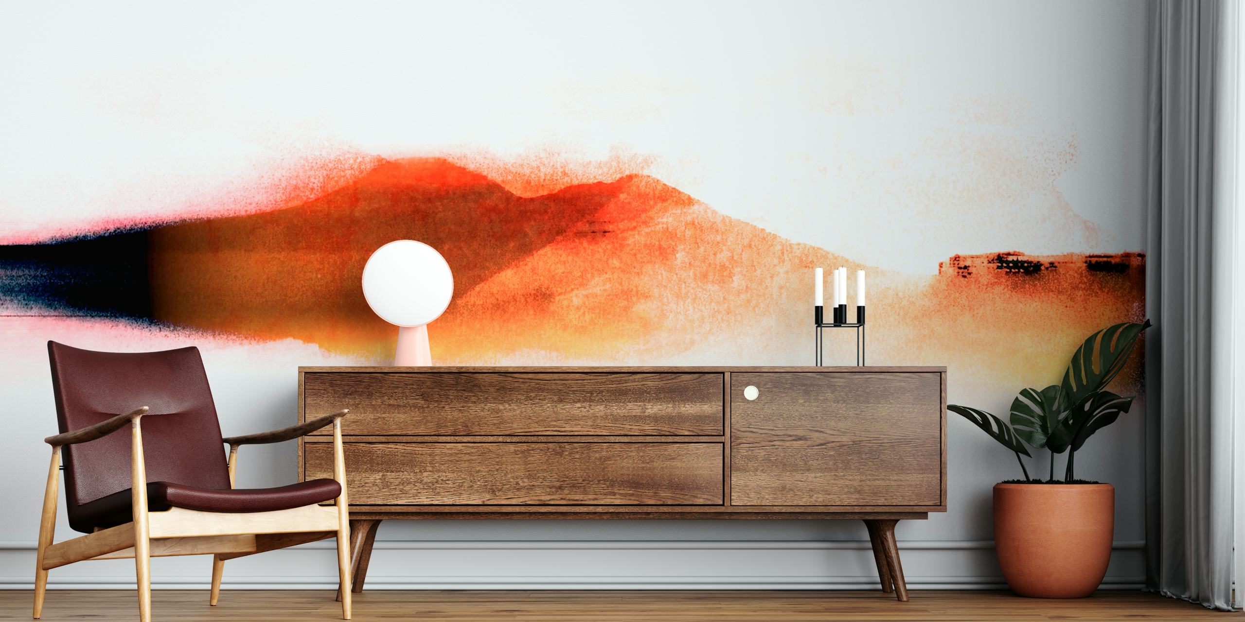 Abstracte zonsonderganghorizon muurschildering met oranje en roze tinten