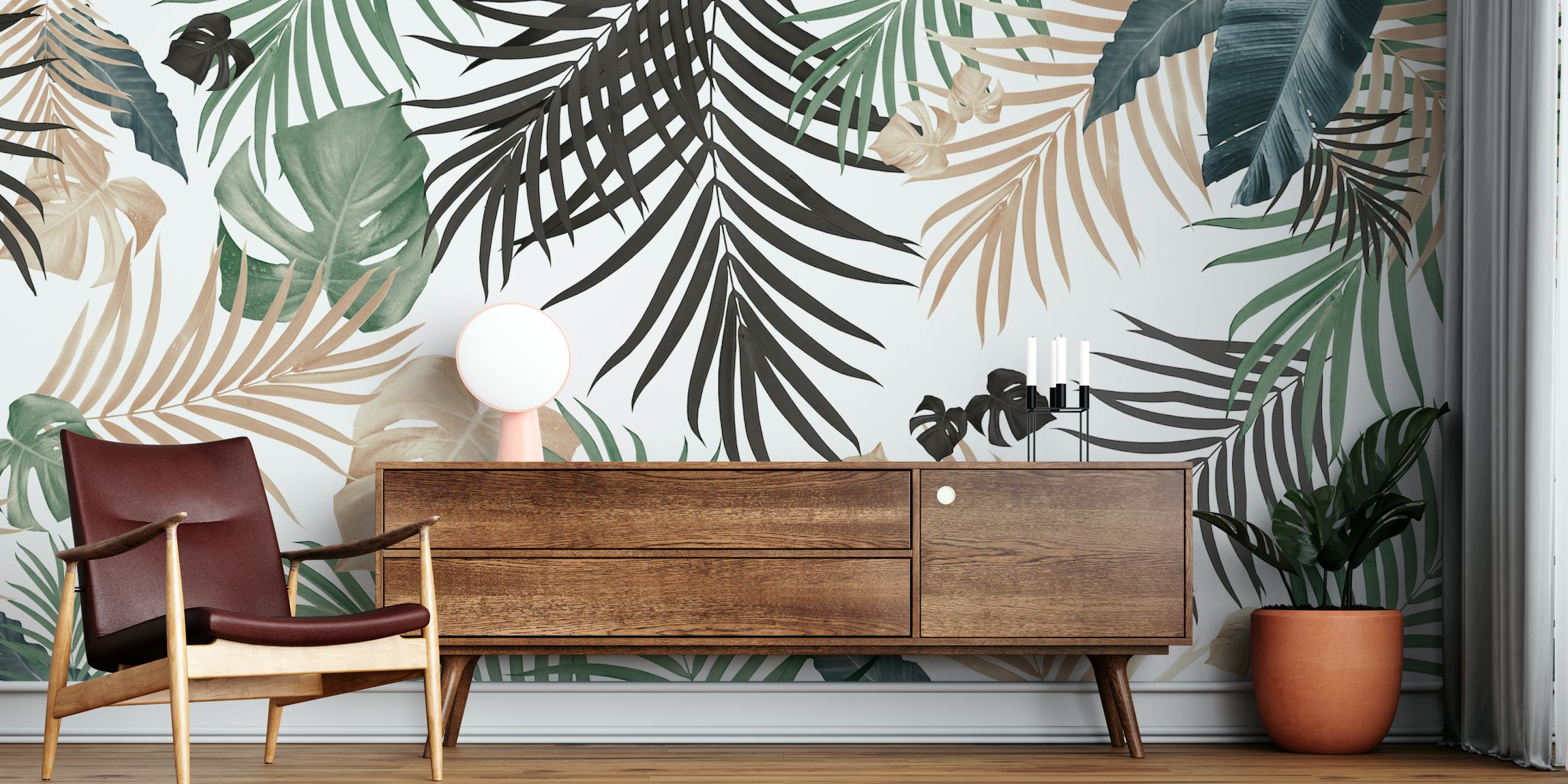 Tropical leaf patterns in green and beige tones on a light background wallpaper