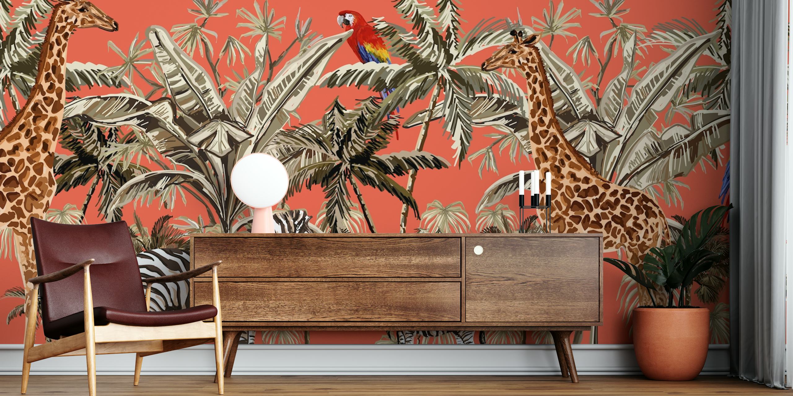 Safari-inspireret vægmaleri med zebraer, giraffer og fugle på en orange baggrund