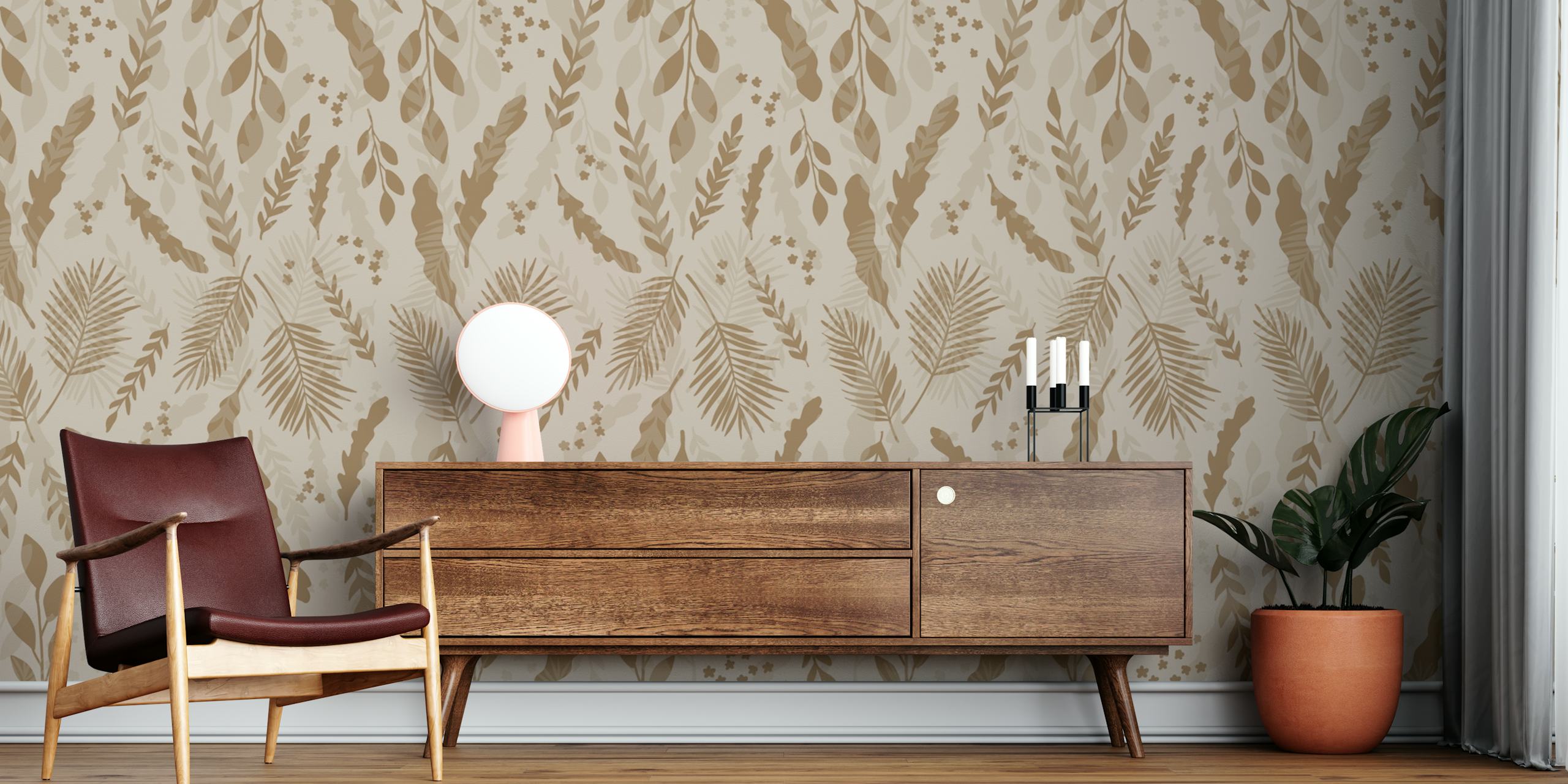 Botanical leaf pattern in beige tones wallpaper
