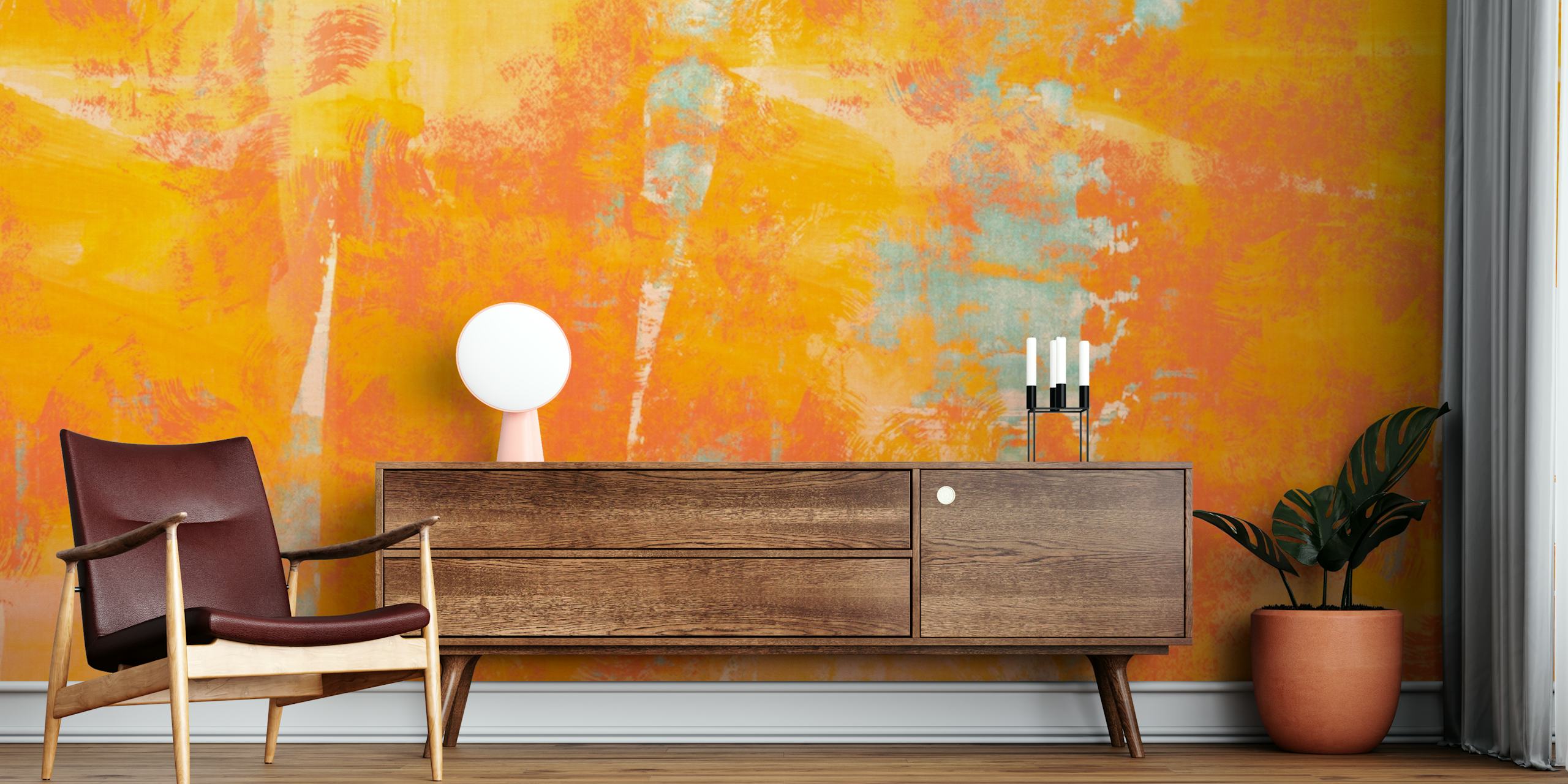 Murale astratto ad acquerello nei toni del corallo e dell'arancio con una texture grunge tattile