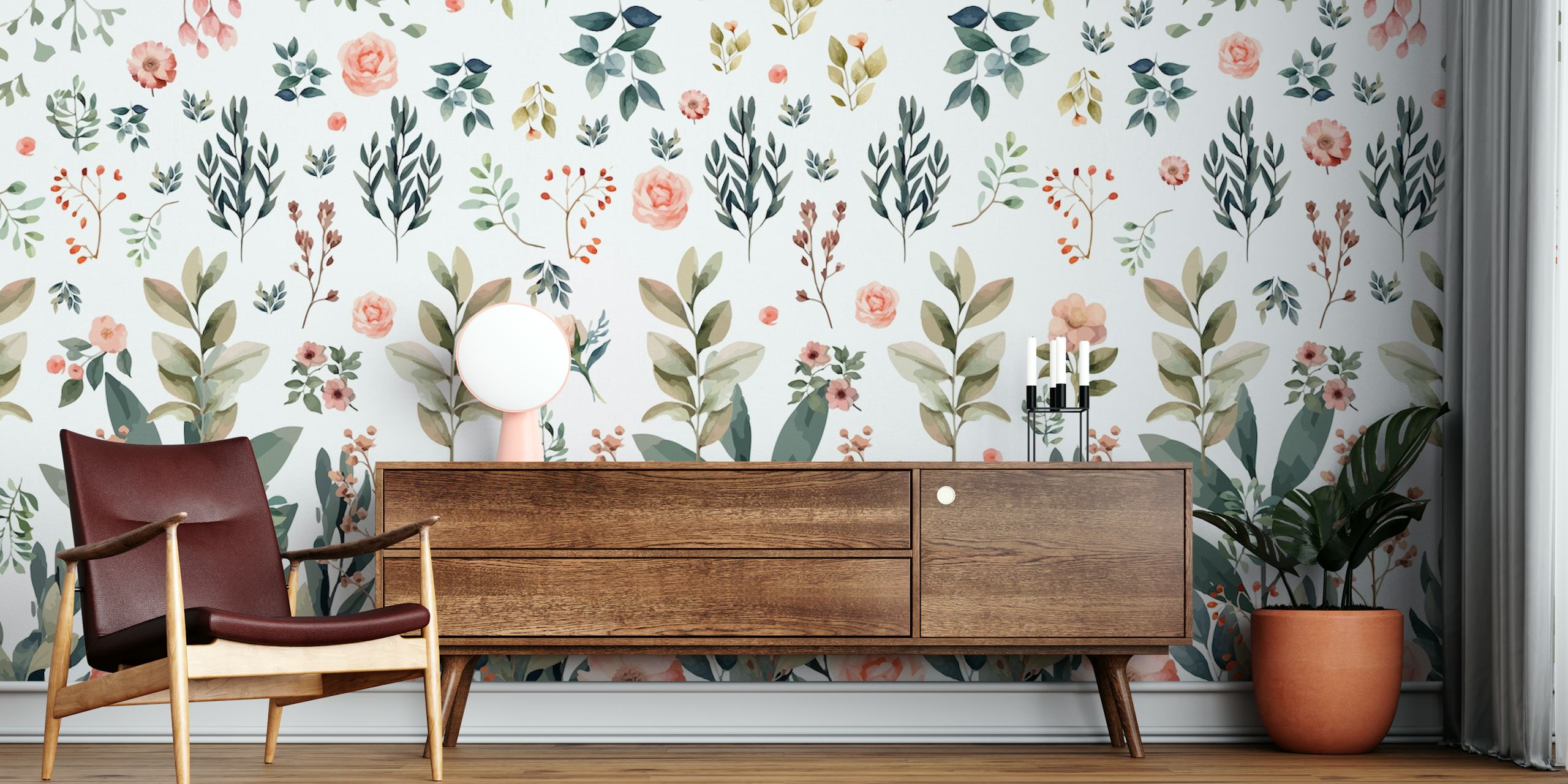 Botanic Love White papel de parede floral no quarto
