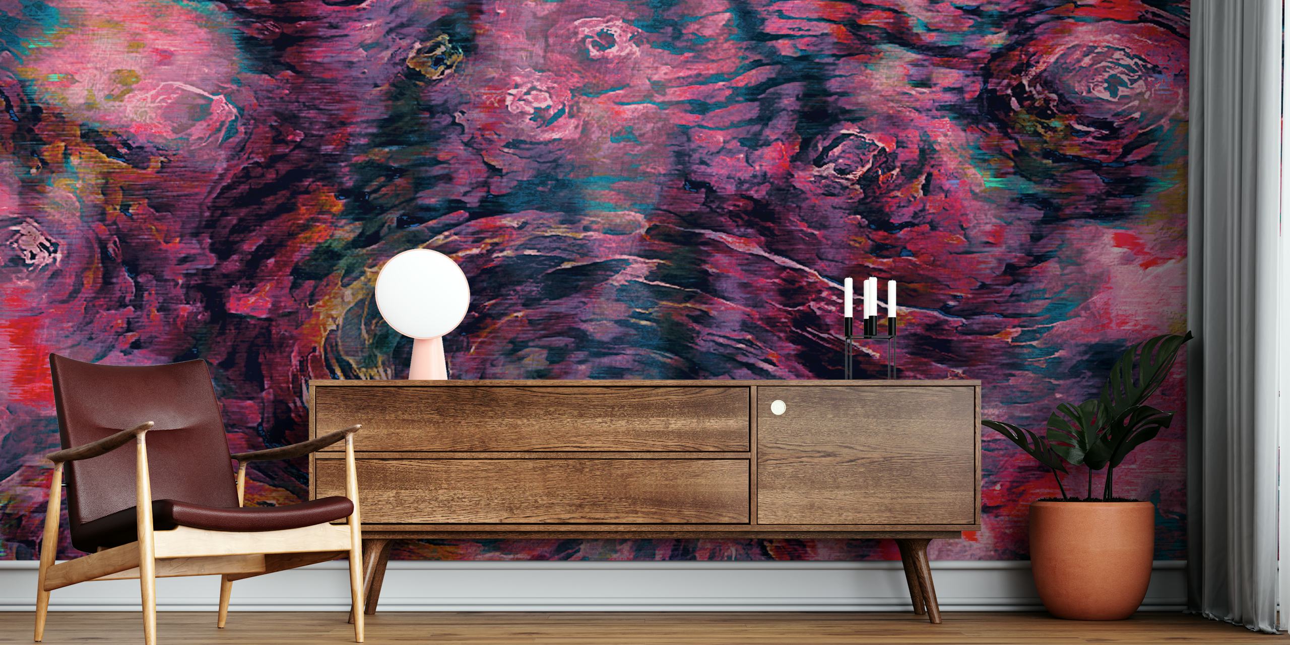 Magenta Van Gogh style wall mural with dynamic brush strokes in purple and pink shades.