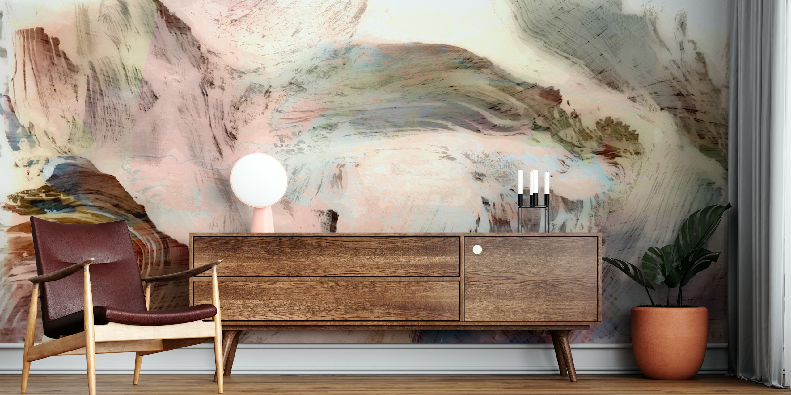 Abstract landscape with soft pastel colors and flowing patterns wallpaper