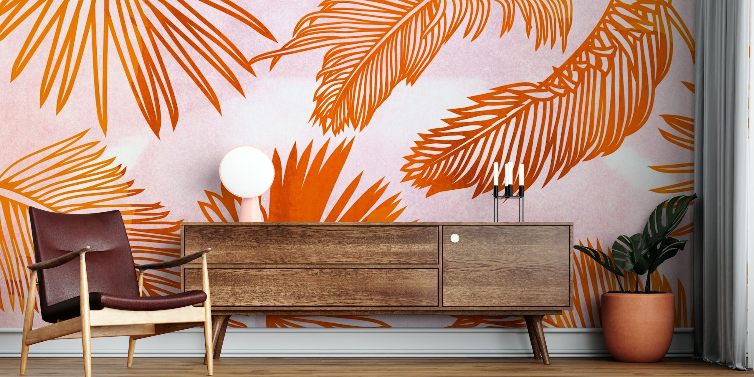 Tropical palm leaves in warm orange colors on pastel background wallpaper
