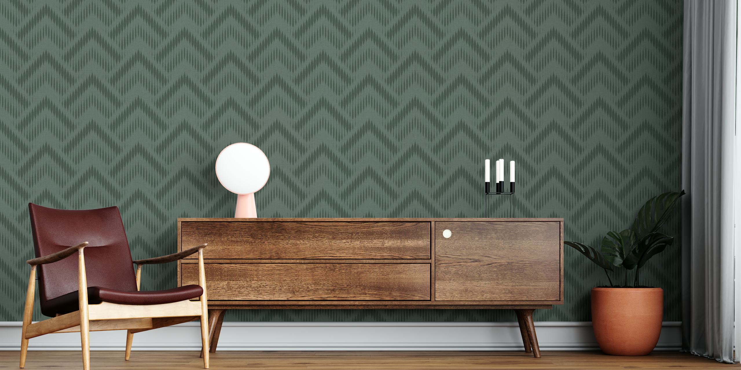 Boho geometrico green wallpaper in a room