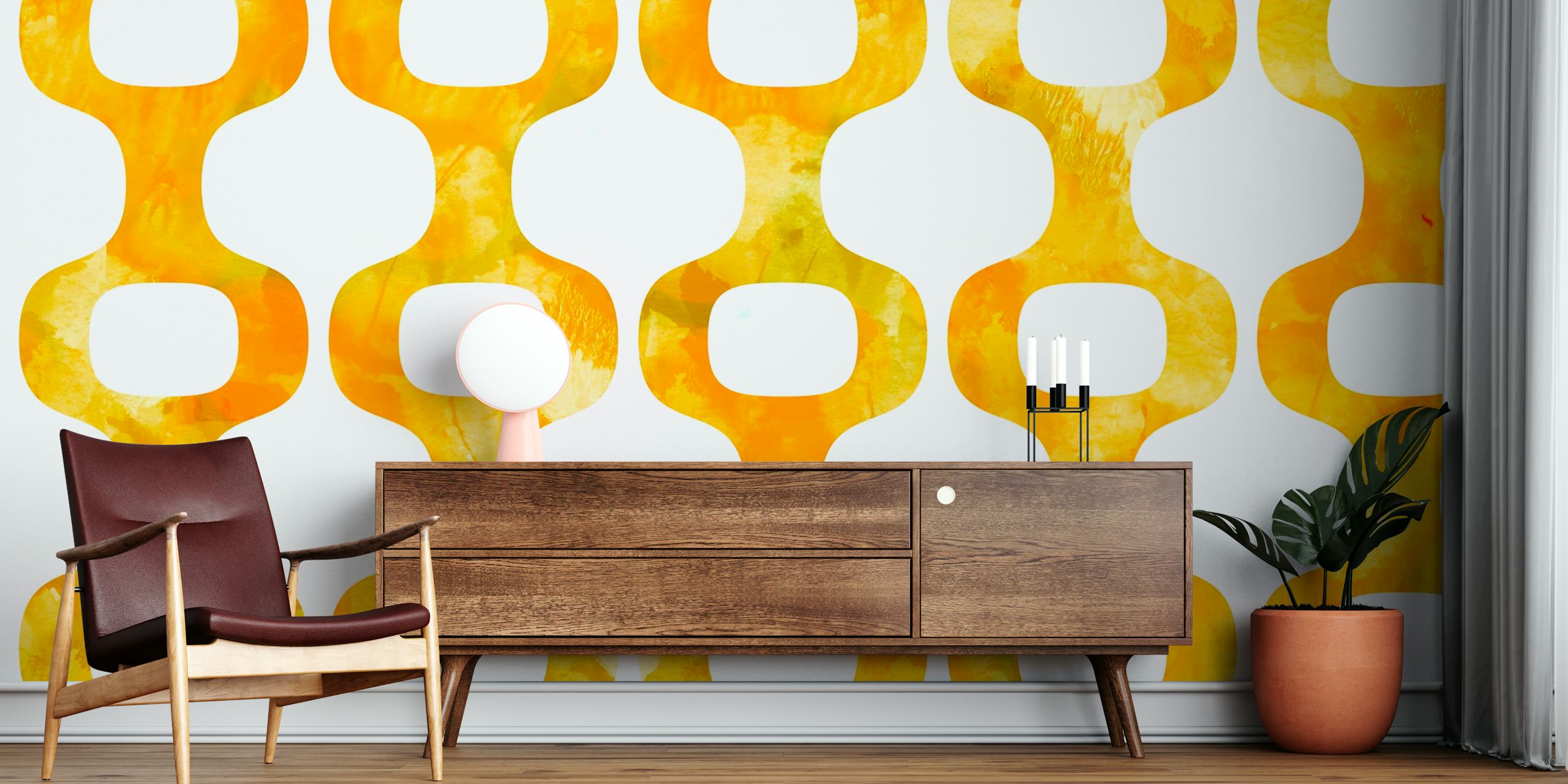 Gyldent Mid-Century mønstret vægmaleri med retro design