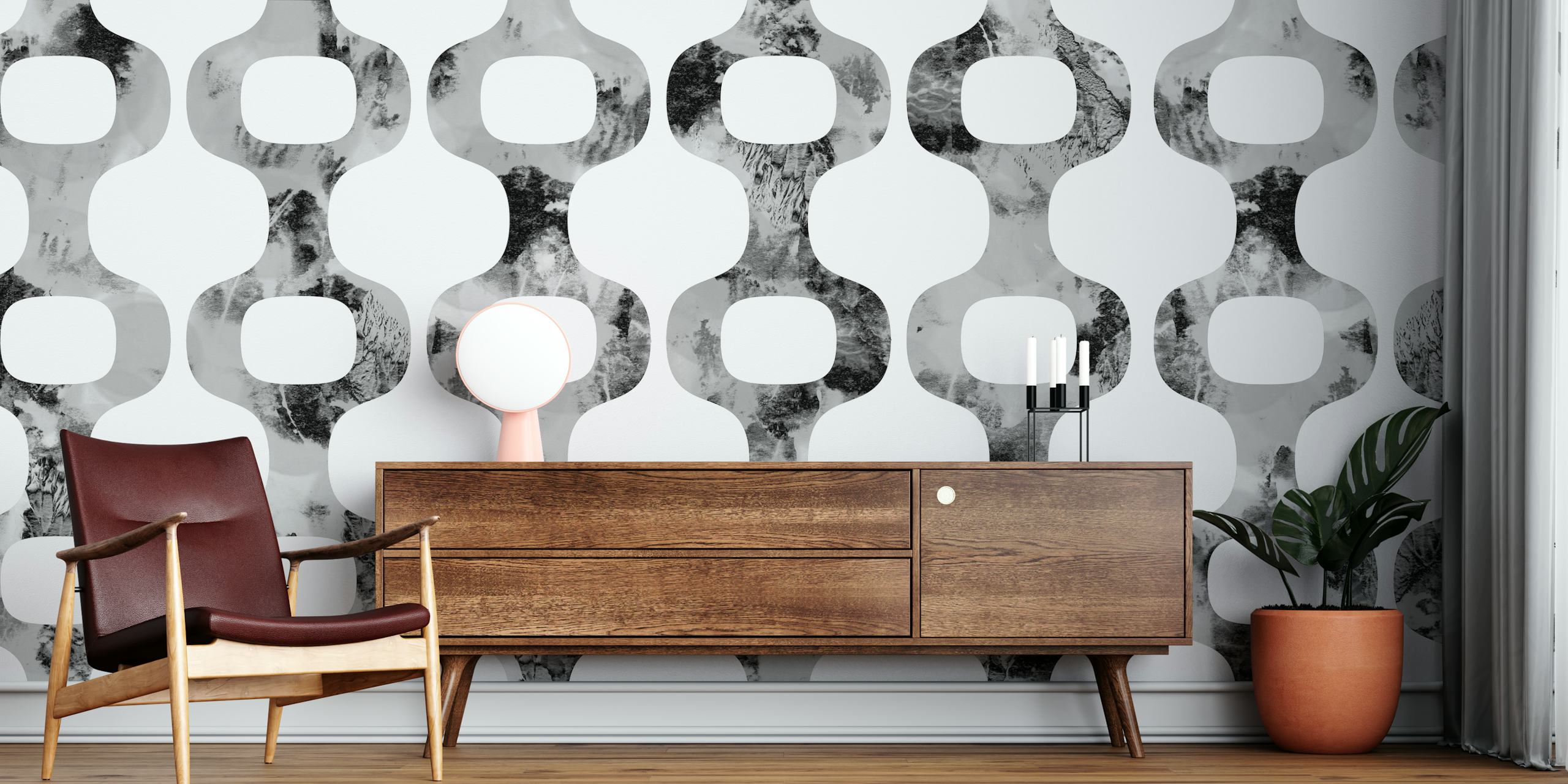 Mid-Century Urban geometric pattern wallpaper in black and white