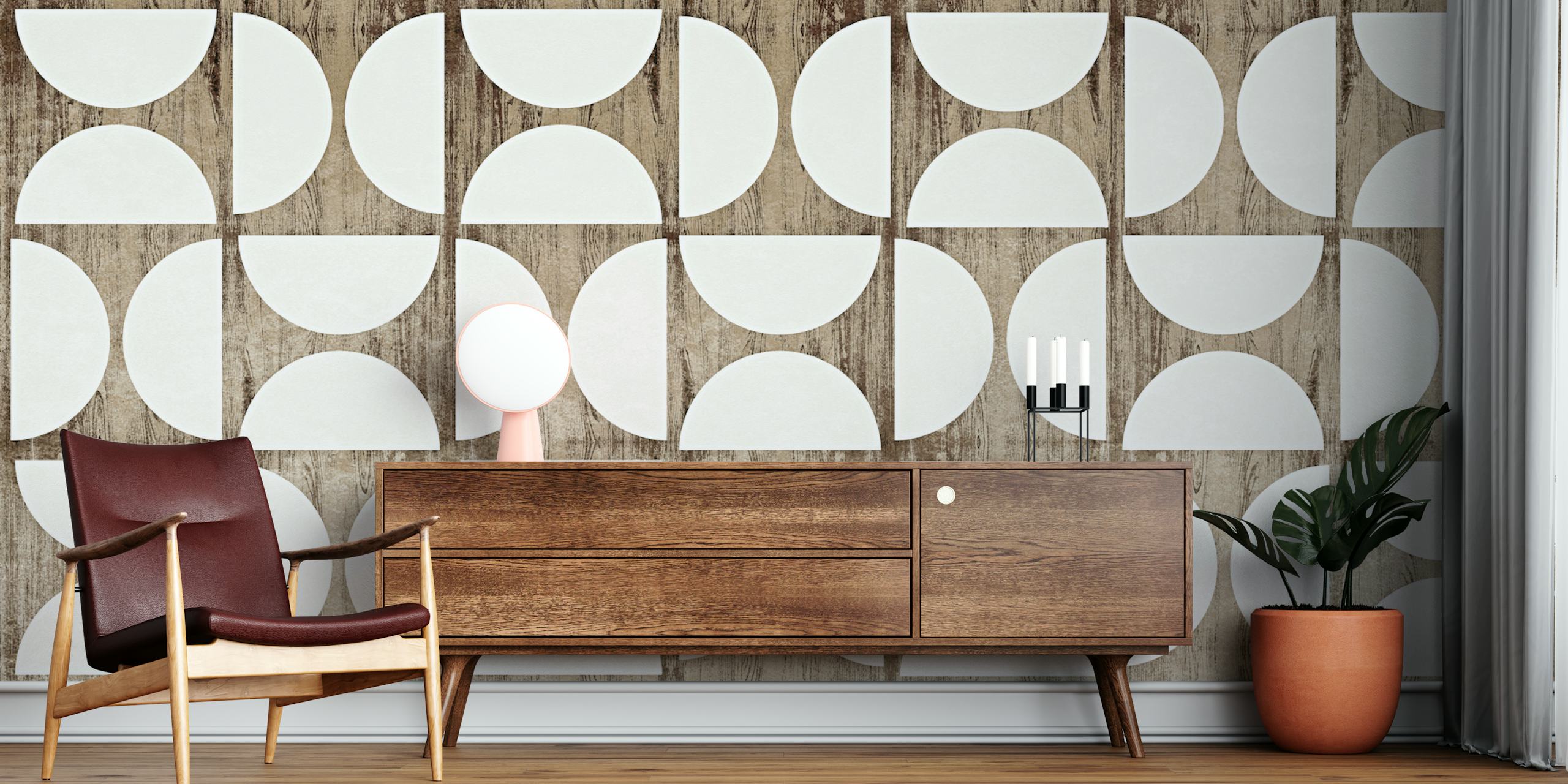 Geometric half-circle patterns in white on rustic wood wallpaper