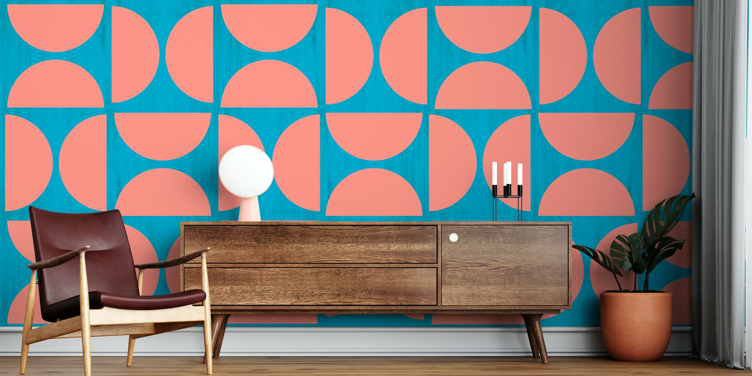 Mid-century modern wallpaper with blue wooden background and coral geometric shapes