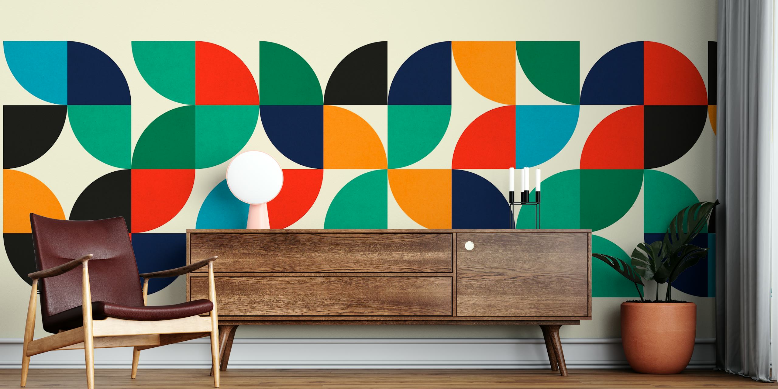 Bunte geometrische Muster in roten, grünen und blauen Tönen, moderne Tapete