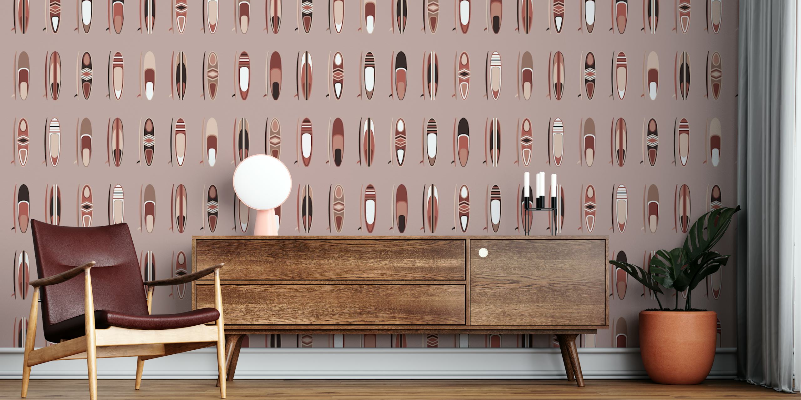 Surfboard pattern in warm tones with stripes and shapes wallpaper