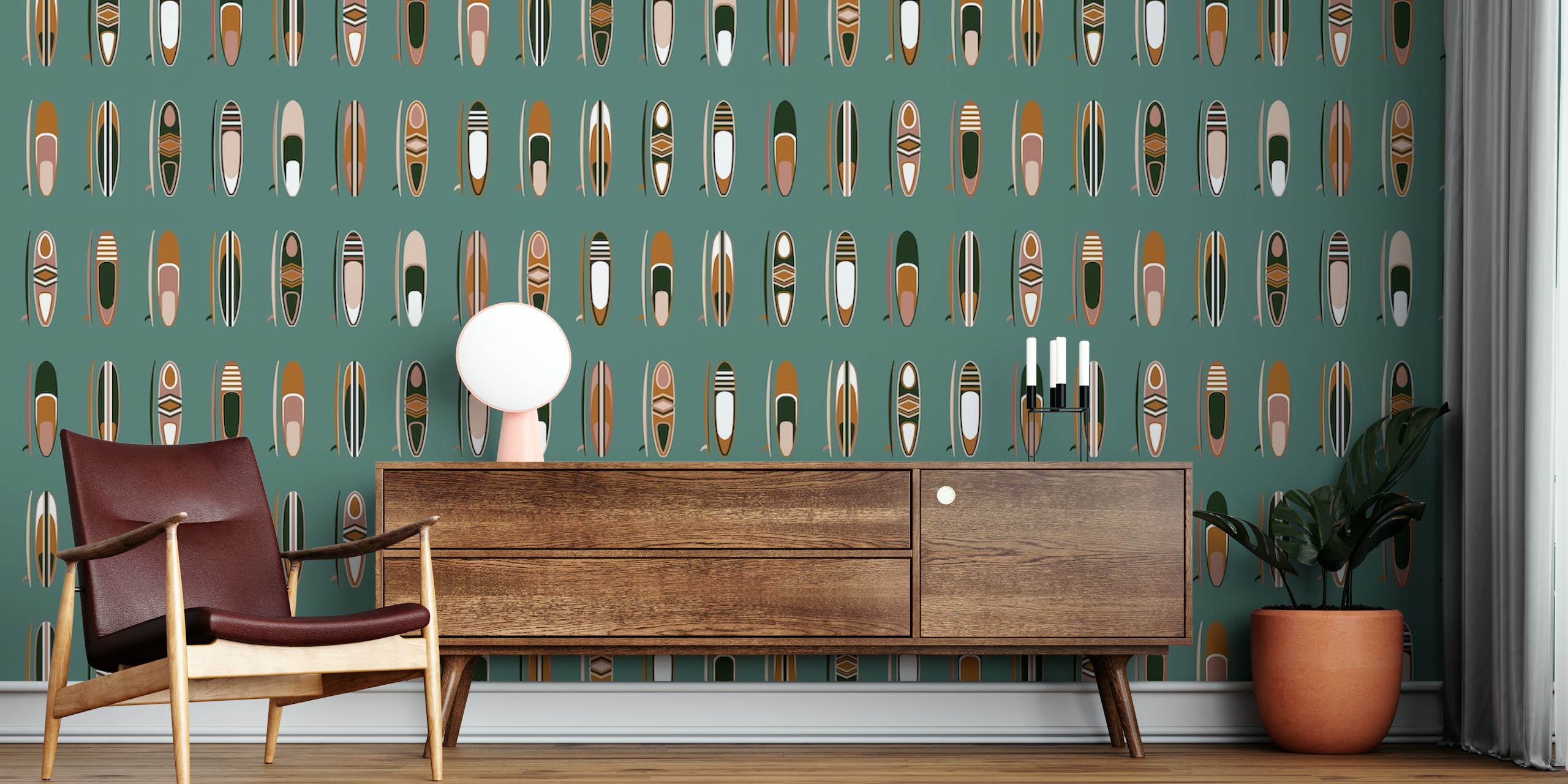 Vintage surfboard pattern wallpaper in a room