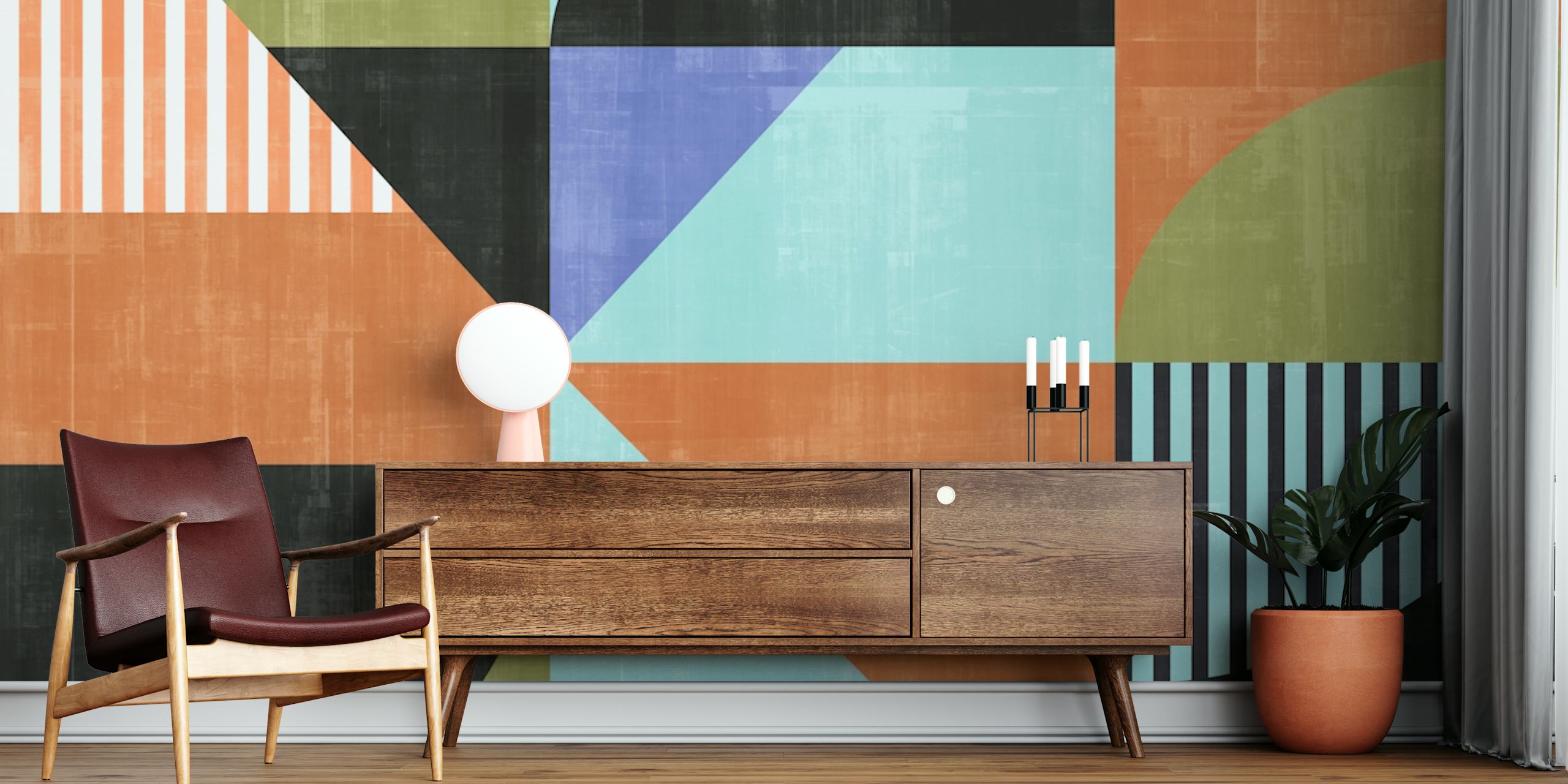 Geometric pattern with multicolor shapes orange, blue, black, and green wallpaper