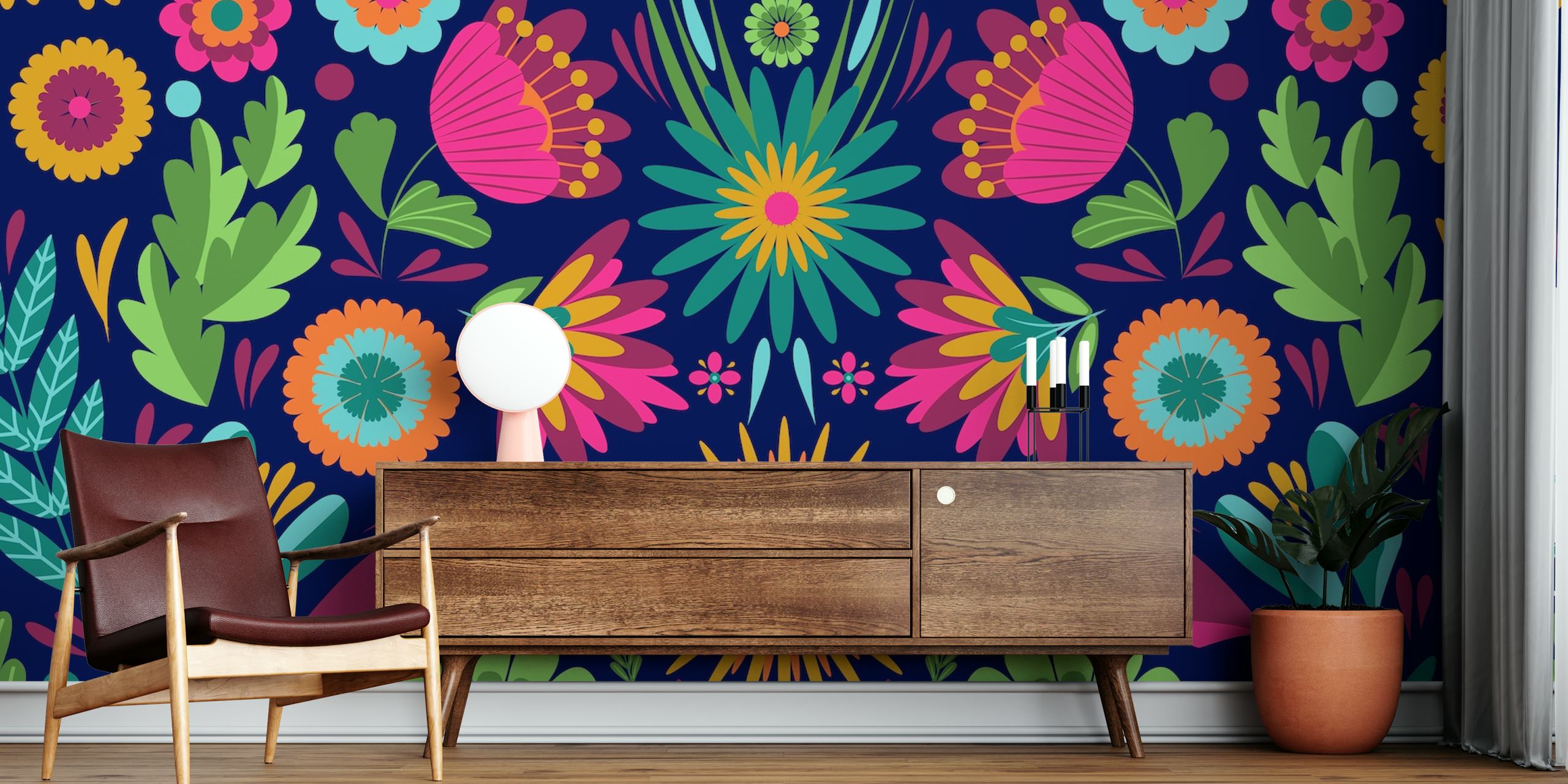 Nástěnná malba Frida Flowers Blue se zářivými barvami a květinovými vzory inspirovanými lidovým uměním