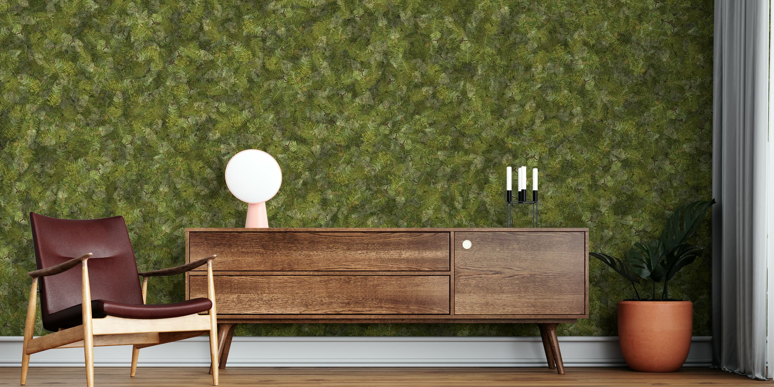 Deep green fern wallpaper in a room