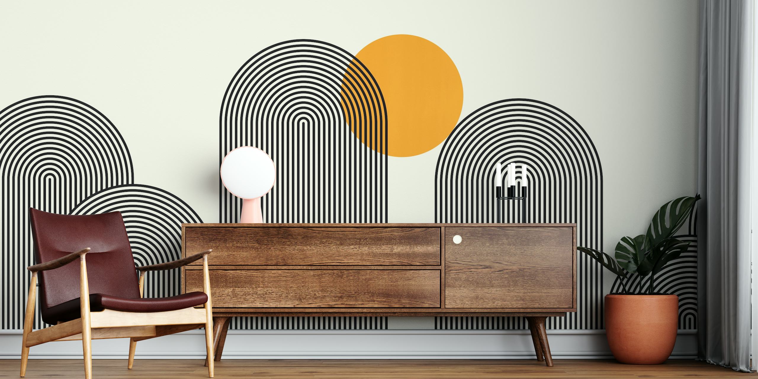 Abstract mountain range wall mural with geometric lines and circles in a pastel color scheme