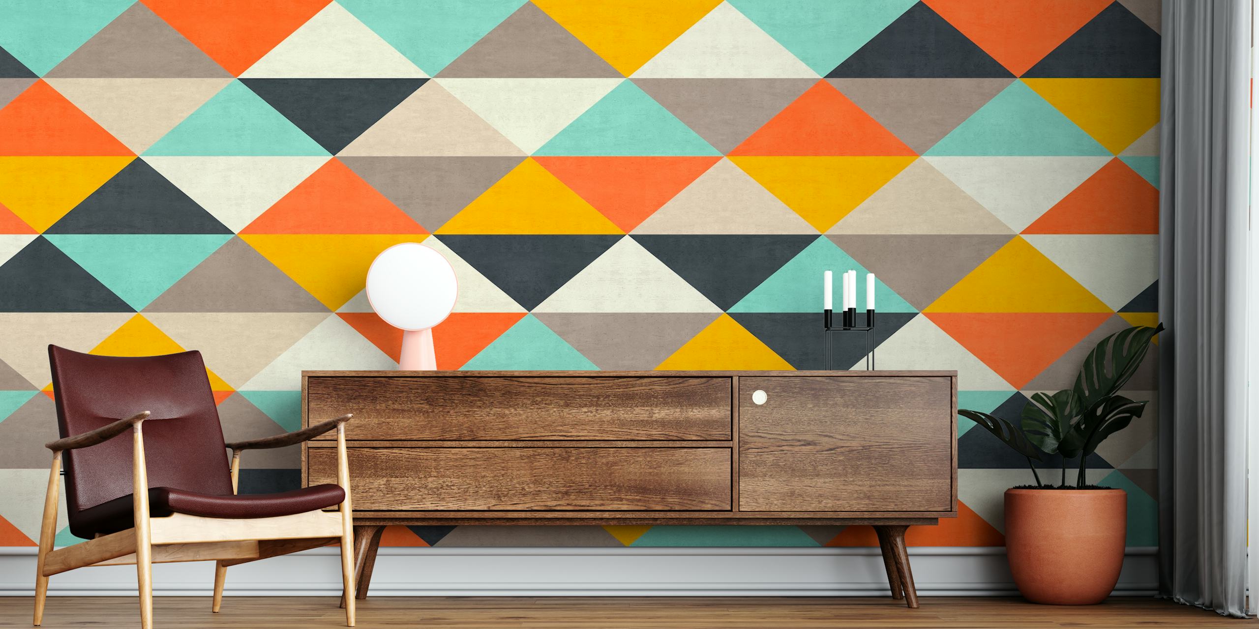 Colorful geometric pattern wallpaper in a room