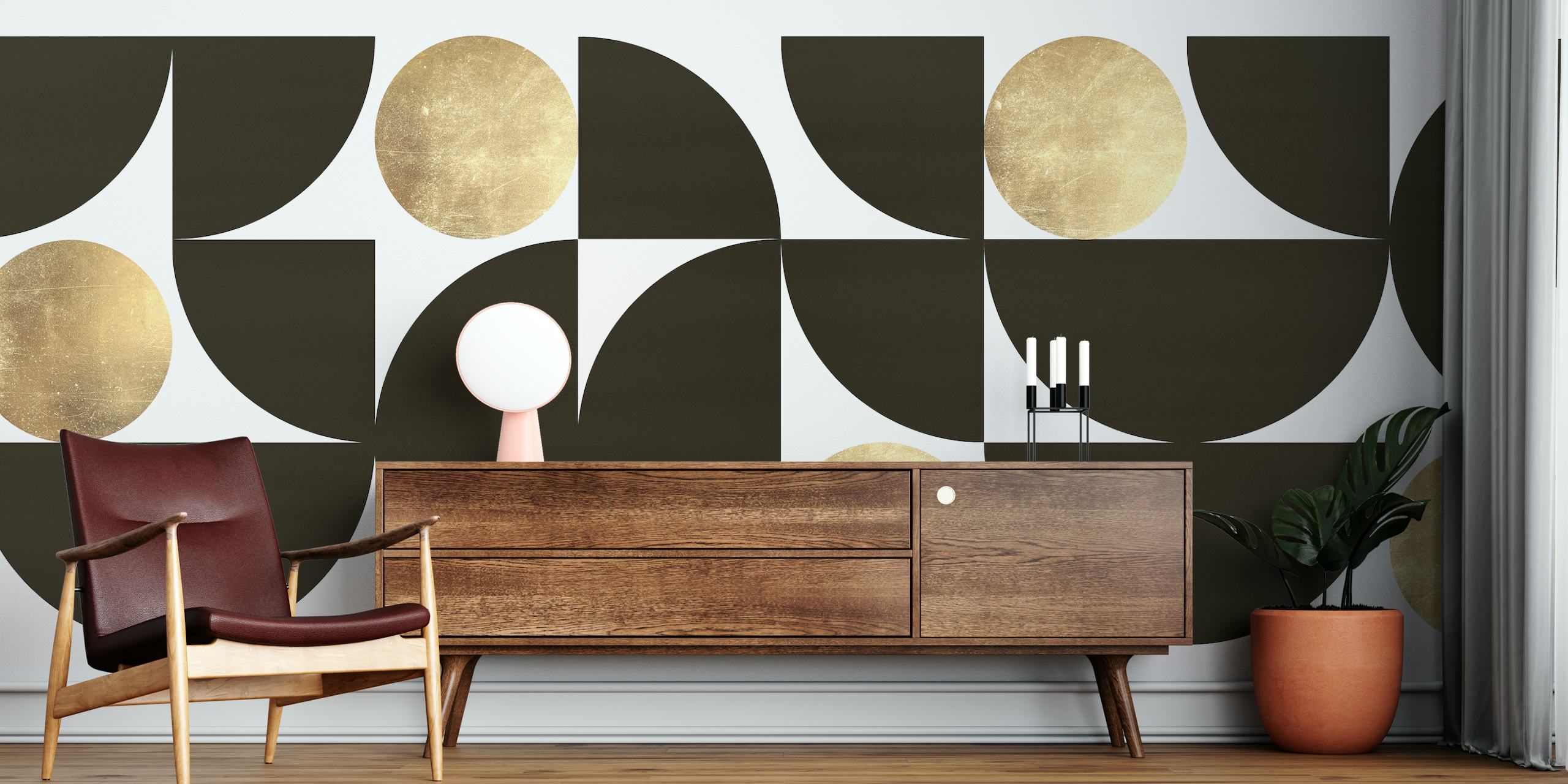 Black and gold circles wallpaper in a room