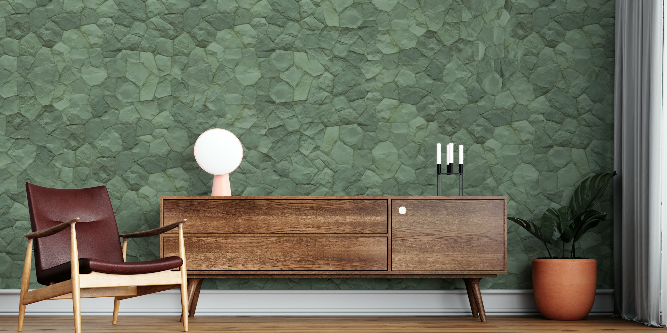Fotomural vinílico de parede com textura de pedra verde para um ambiente interior sereno