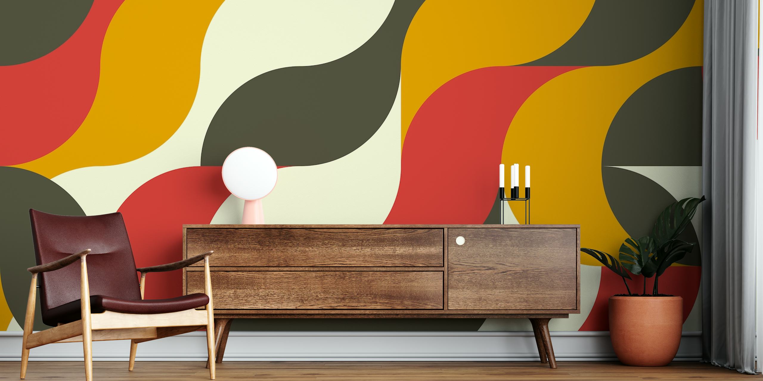 Mid Century Munich wall mural with abstract swirls in earth tones