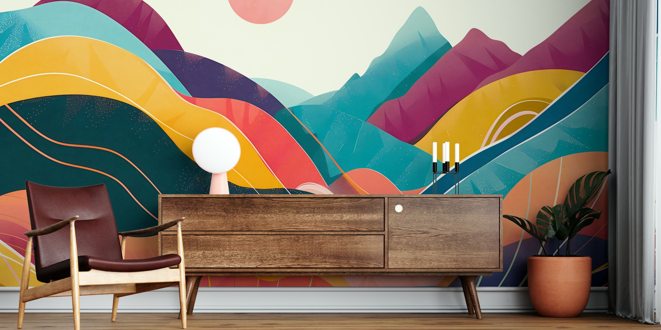 Colorful wavy mountains in shades of teal, pink, orange and purple wallpaper