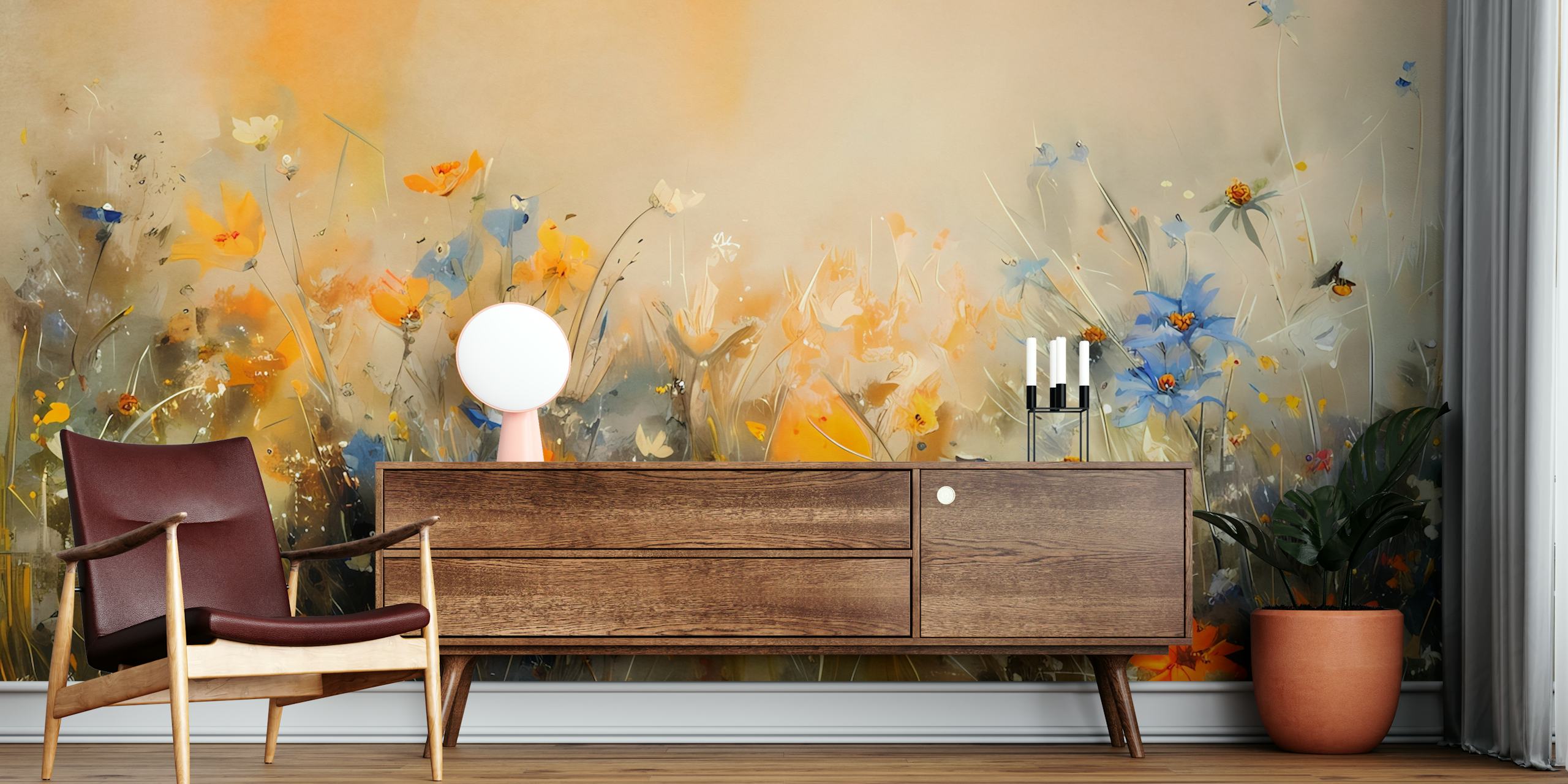 A wall mural of wildflowers in bloom with a warm, soft background