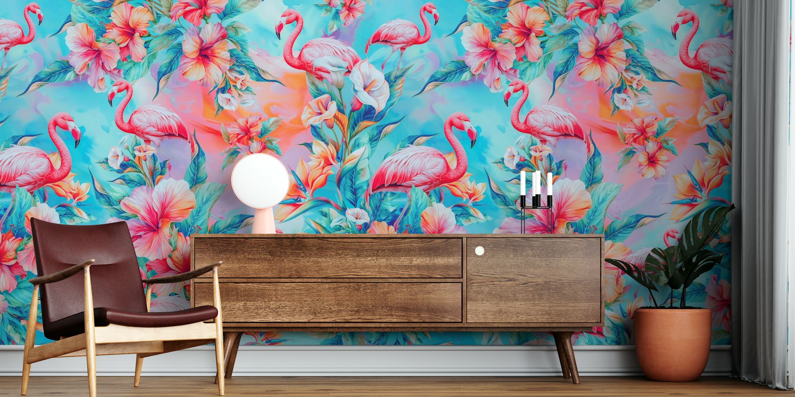 Floral Flamingo Haven tapetti huoneessa