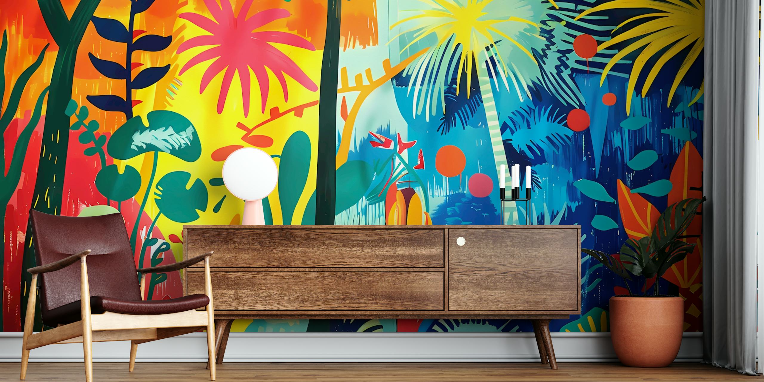 Fargerikt tropisk veggmaleri med kunstneriske blomster- og palmebladdesign