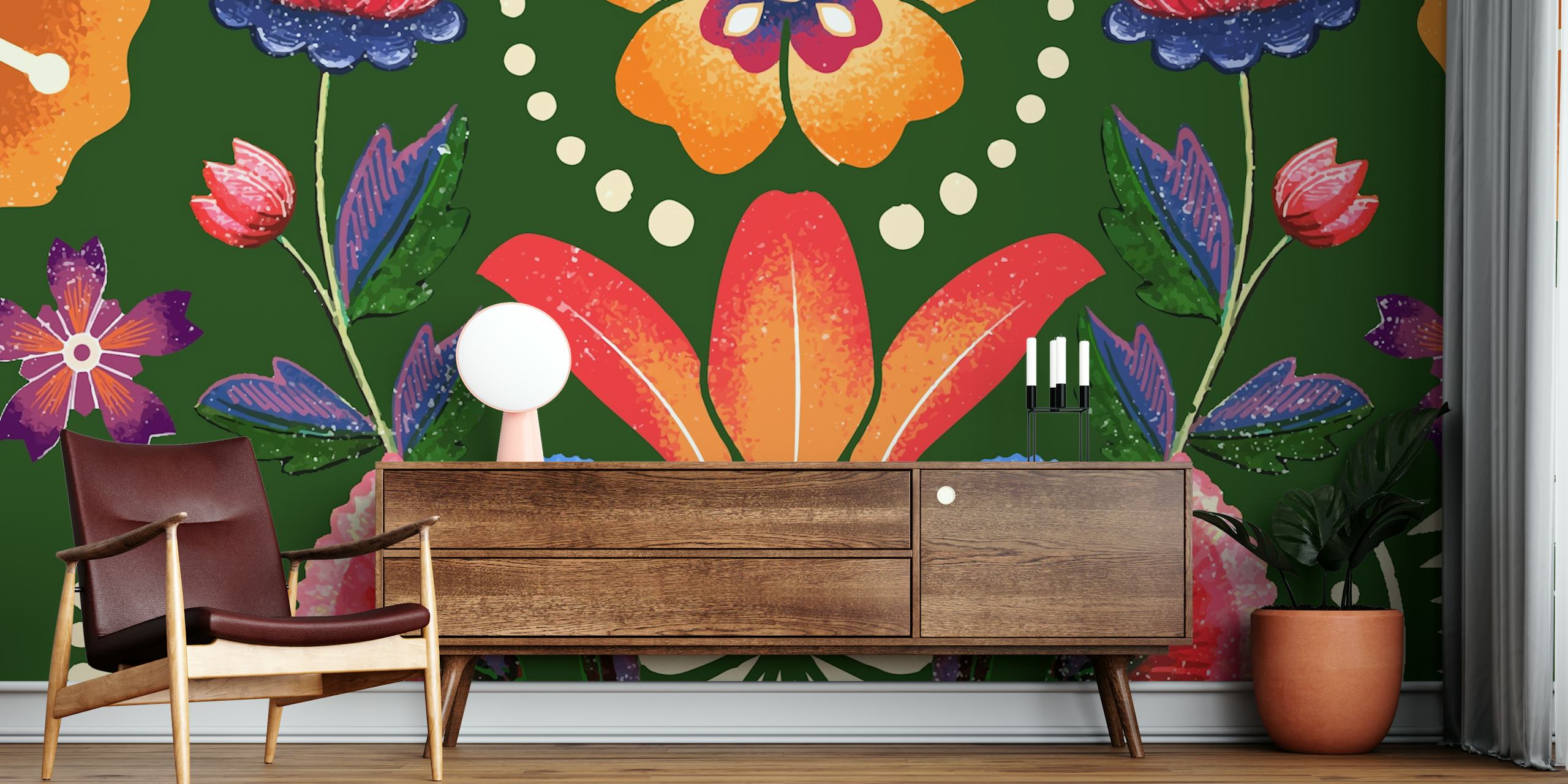 Floral pattern with red, blue, and orange flowers on green wallpaper