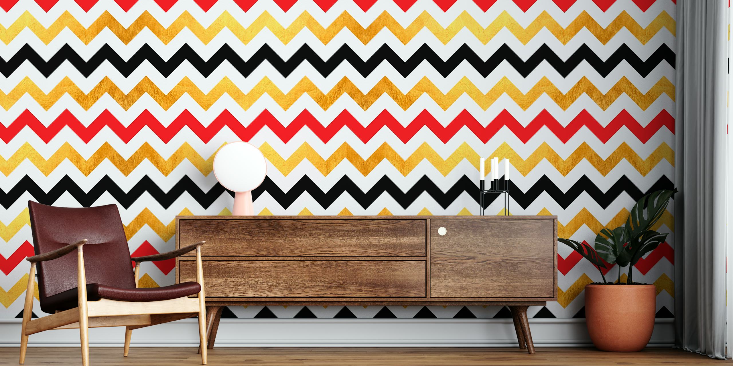 Lines and golden chevron ταπετσαρία σε ένα δωμάτιο