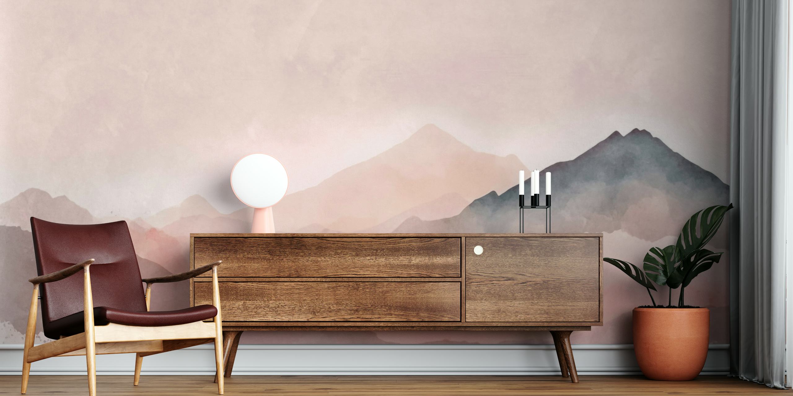 Misty landscape watercolor wallpaper in room