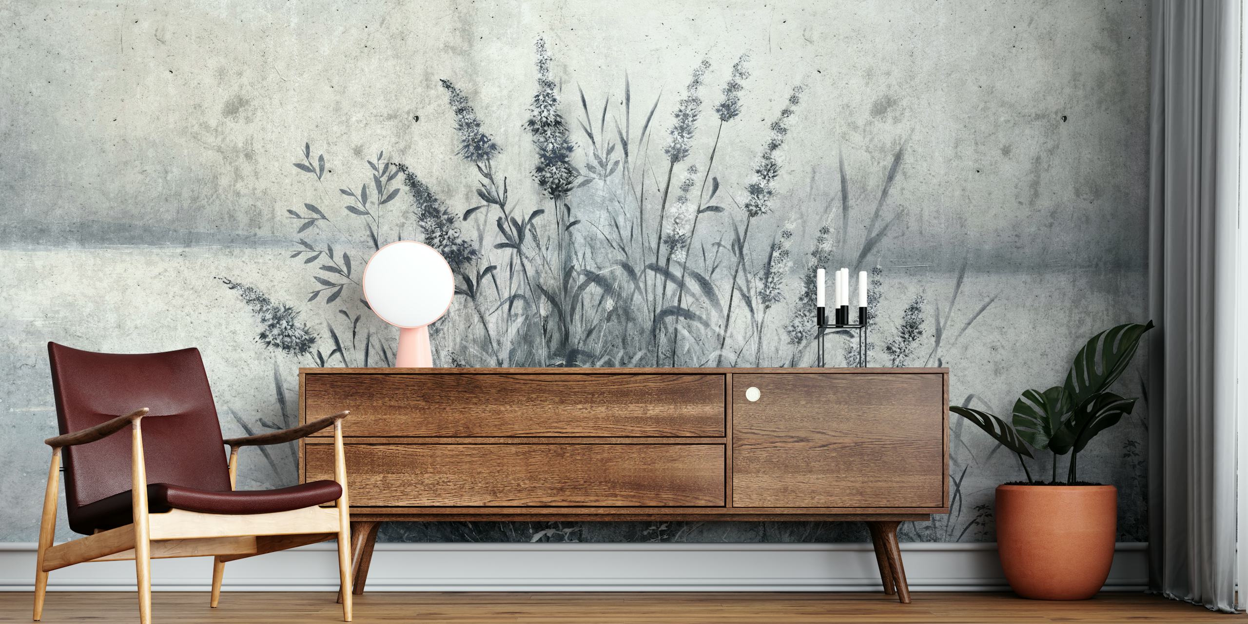 Artistic gray pampas grass on a textured grunge background wall mural