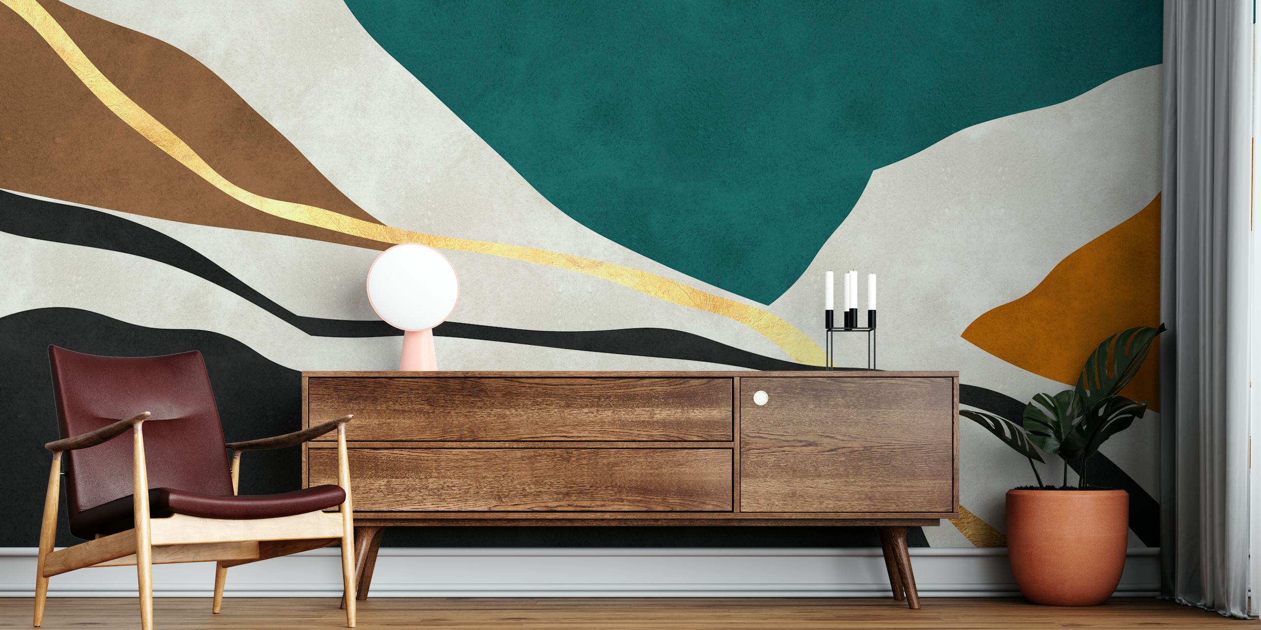 Abstract expressionist wall mural with geometric shapes in green, mustard, cream, black, and gold