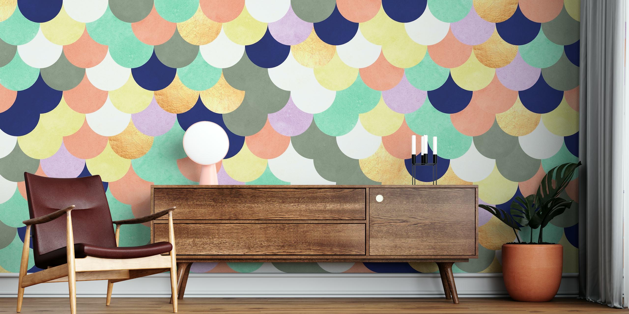 Colorful circles behang in een kamer