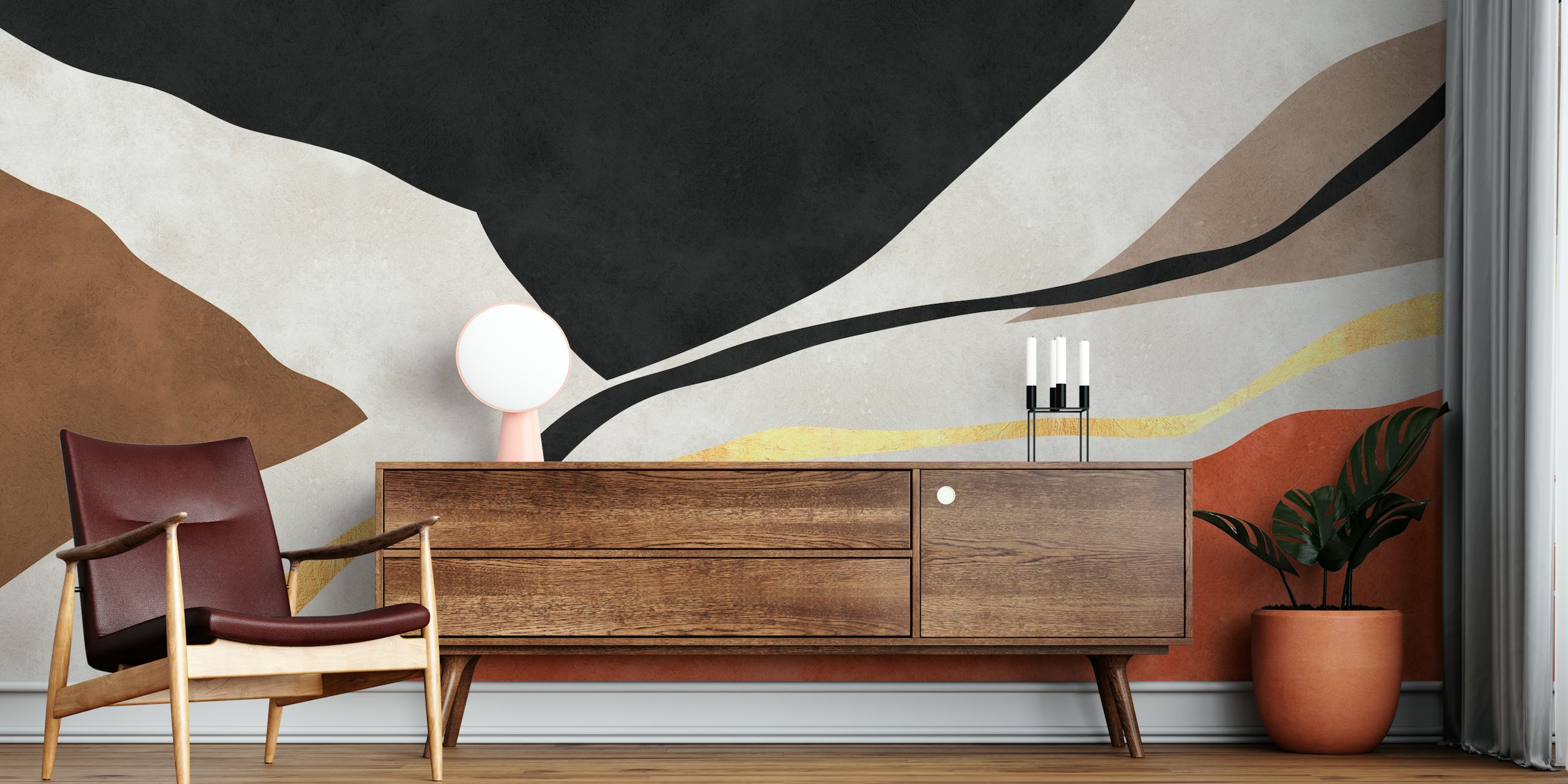 Abstract shapes in black, beige, and orange pattern wallpaper