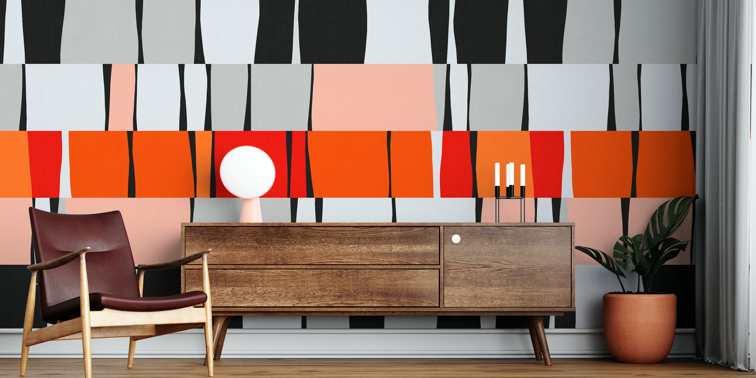 Fotomural de formas geométricas abstractas en negro, blanco, gris y naranja