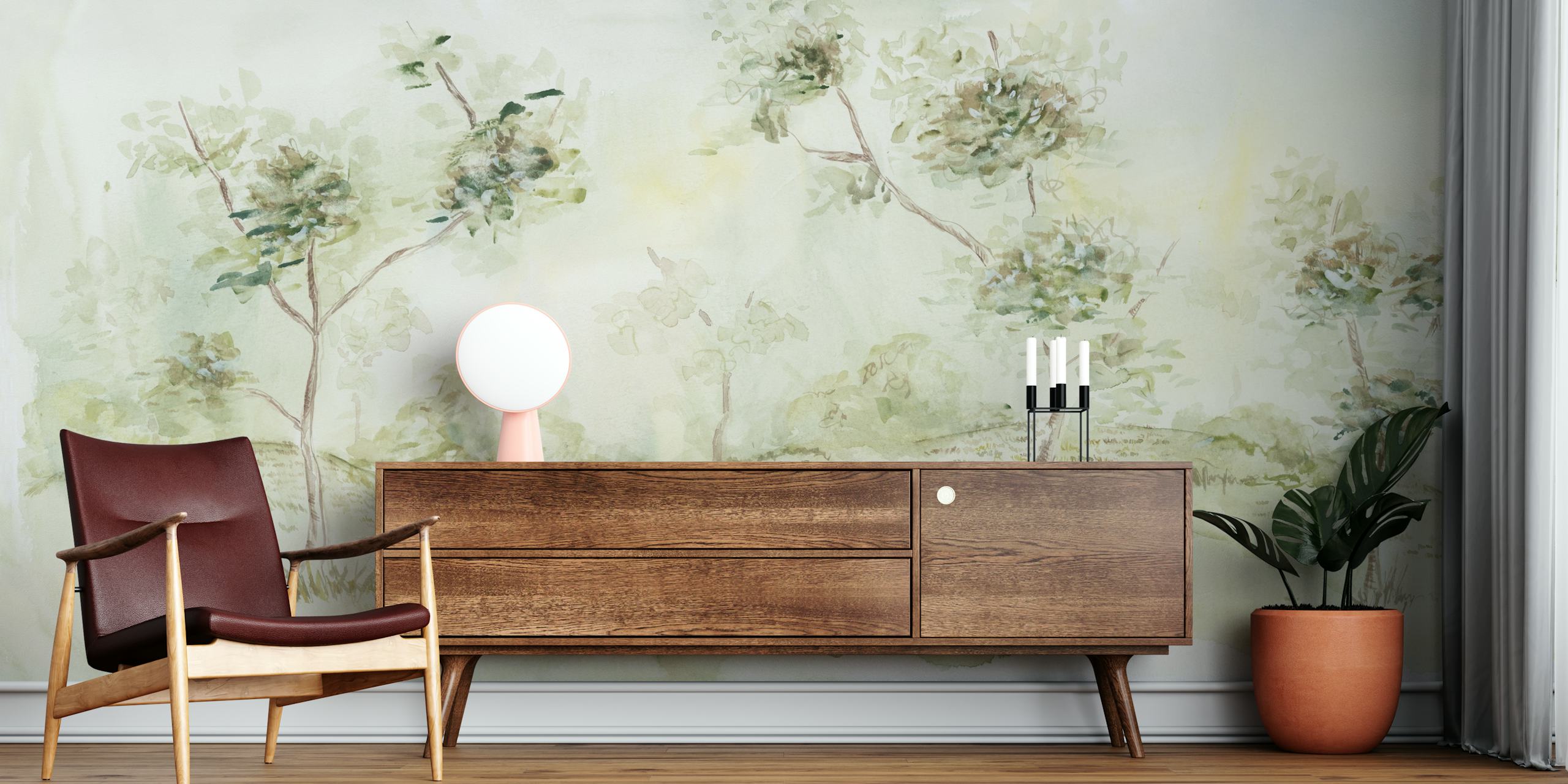 Papel de parede paisagem em aquarela em um quarto