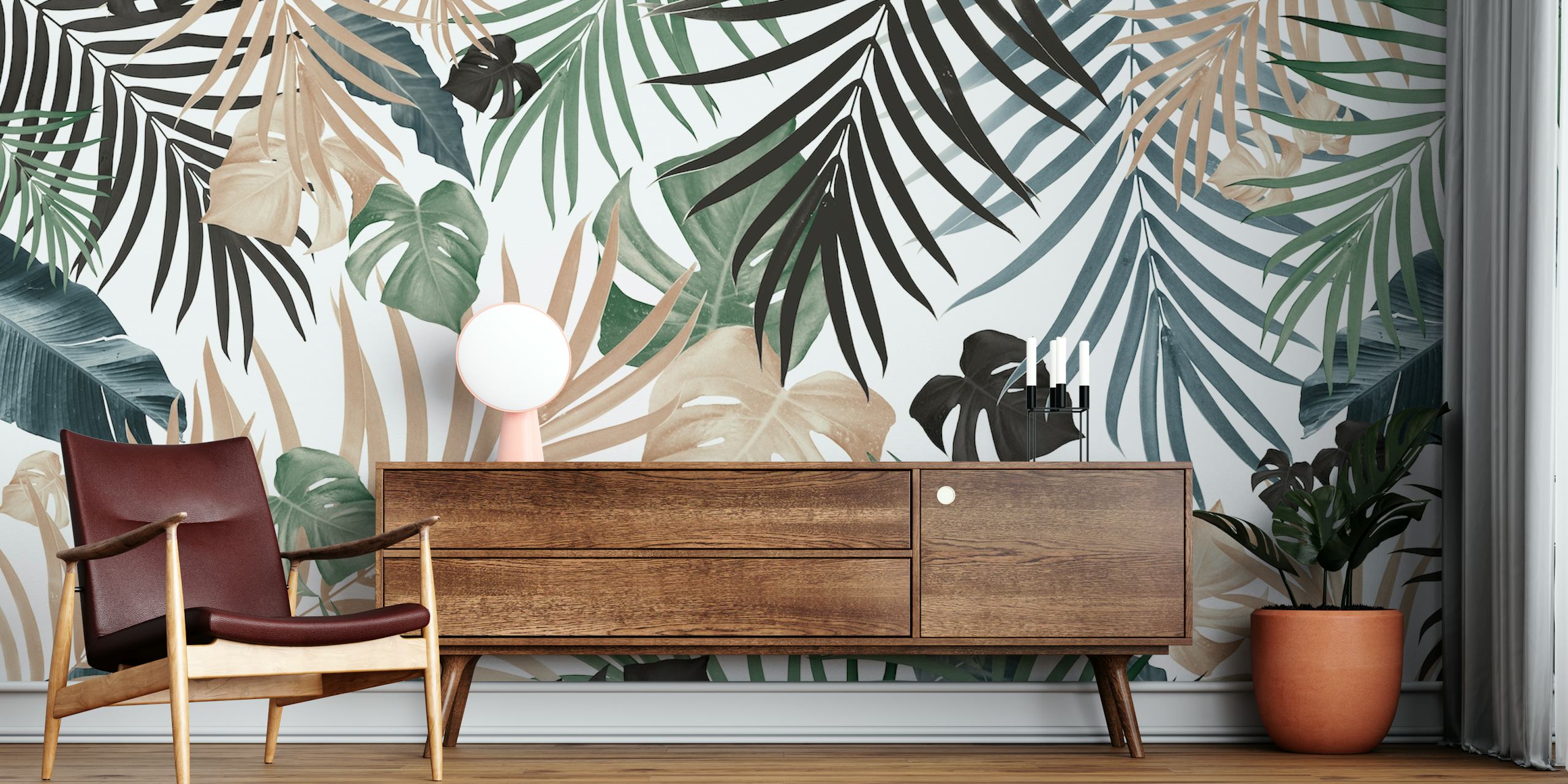 Tropical jungle leaves wall mural in landscape orientation with green botanical patterns