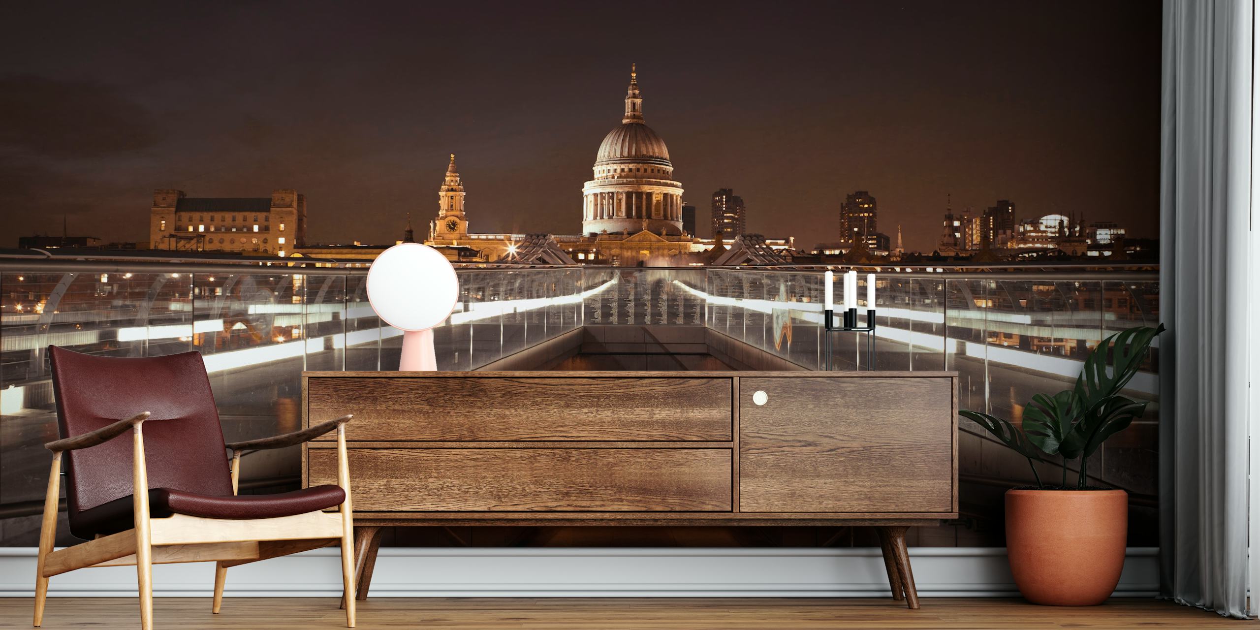 Millennium Bridge at night with St. Paul's Cathedral in the background wall mural