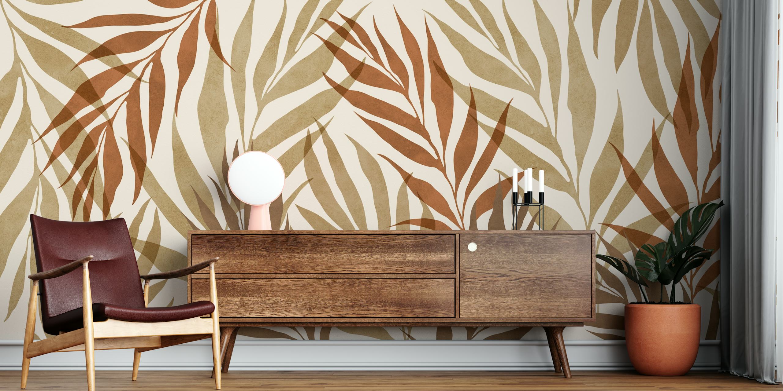 Earthy toned floral motif wallpaper with large leaves in muted colors.
