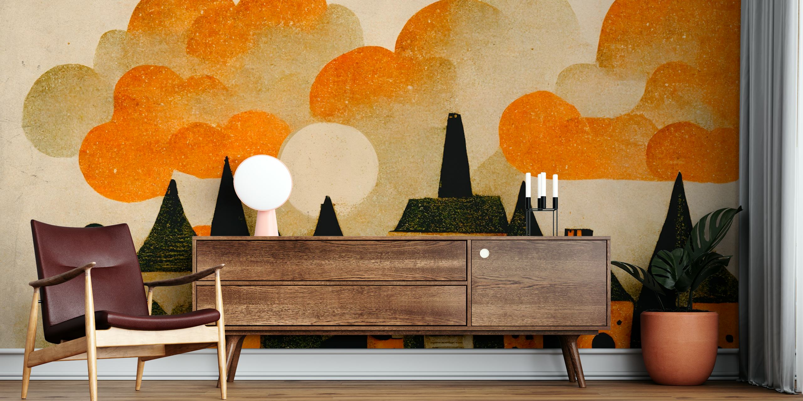 Spooky Wooky Village fototapeta ze stylizowanymi nawiedzonymi domami i pomarańczowymi chmurami.