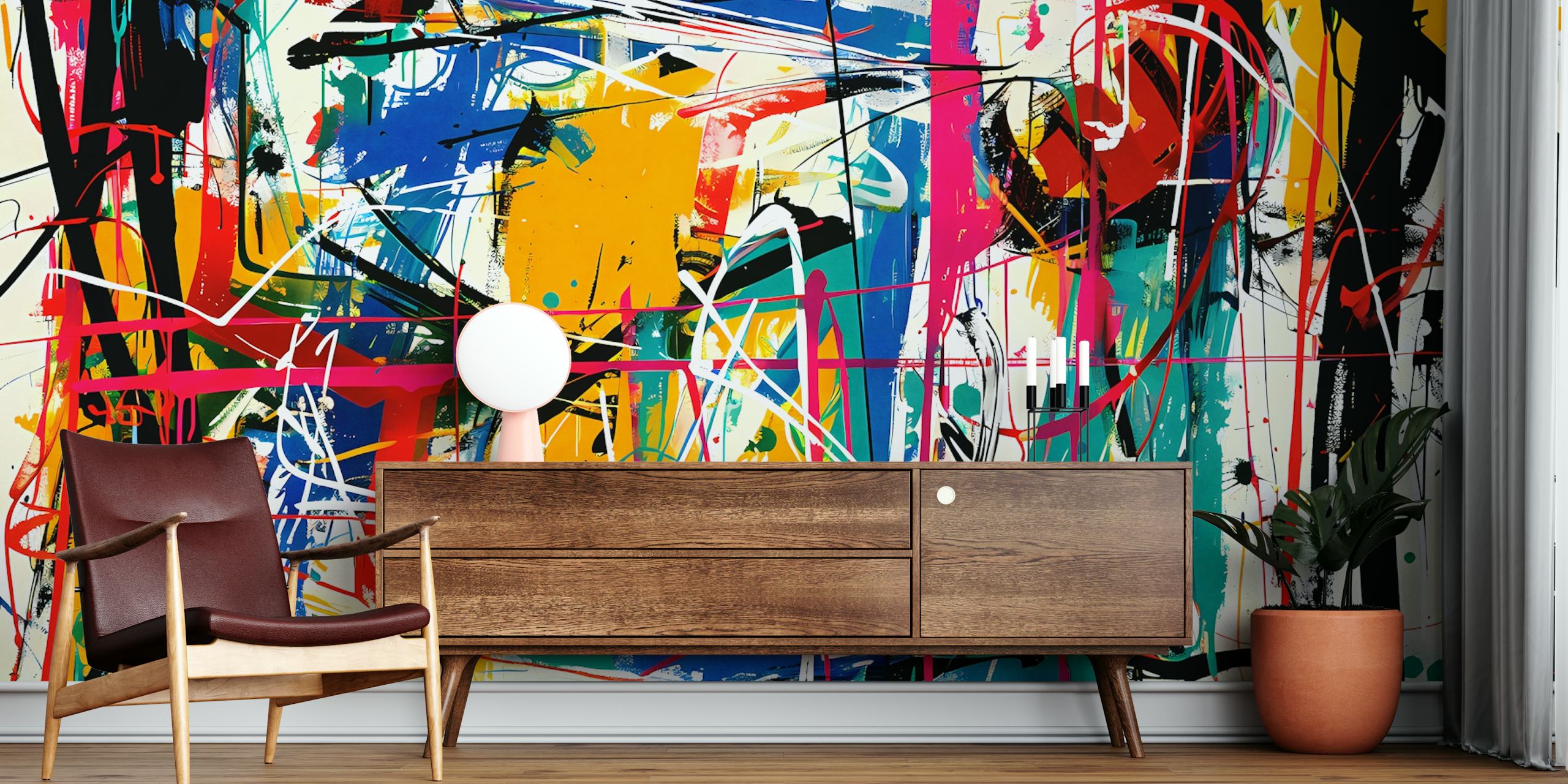 Πολύχρωμη τοιχογραφία σε στυλ street art με αφηρημένα στοιχεία γκράφιτι