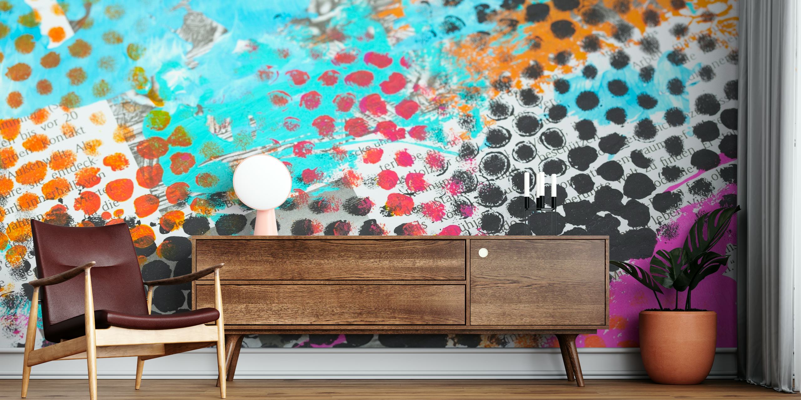 Colorful abstract grunge wallpaper with vibrant splotches and polka dots