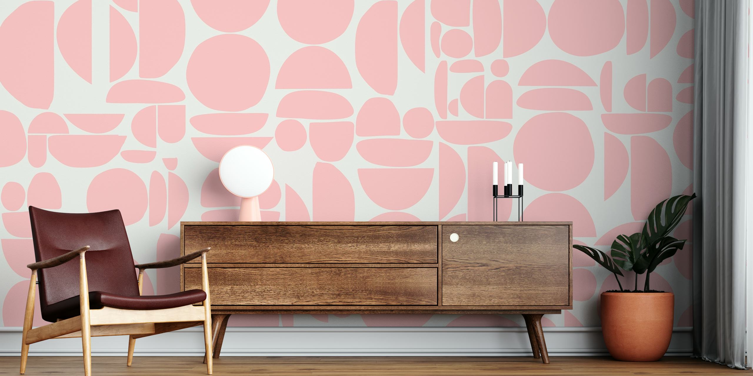 Geometric shapes in pastel pink on light background wallpaper
