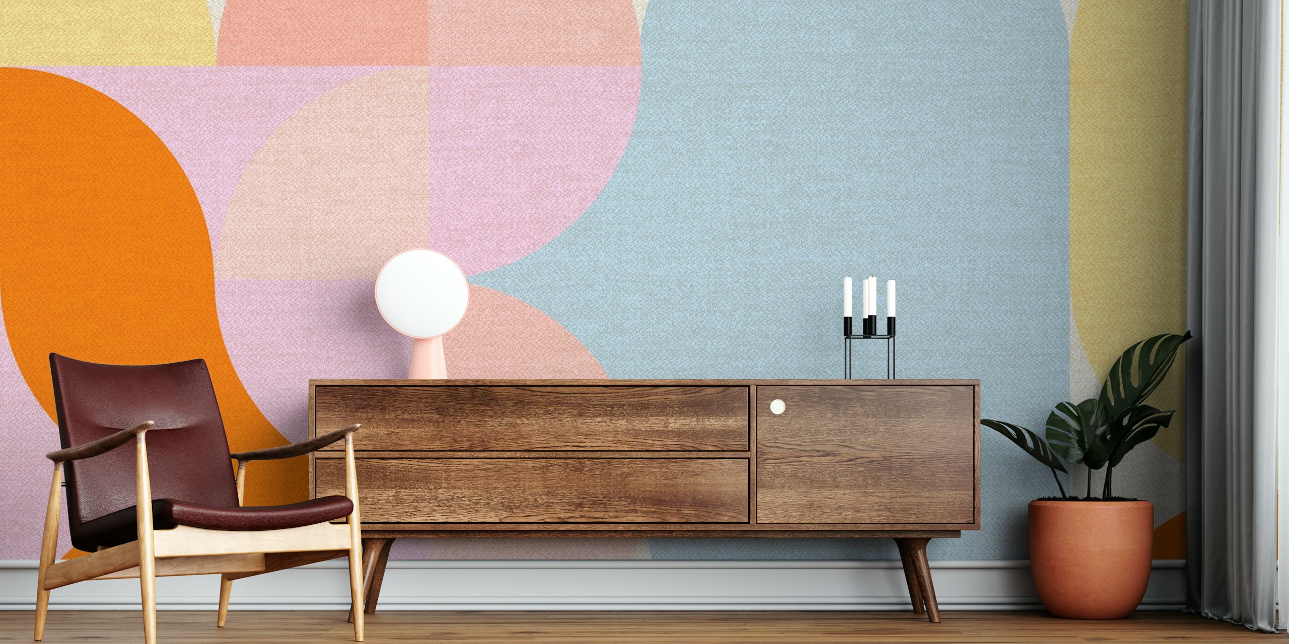 Pastel geometric shapes in orange, pink, and blue wallpaper