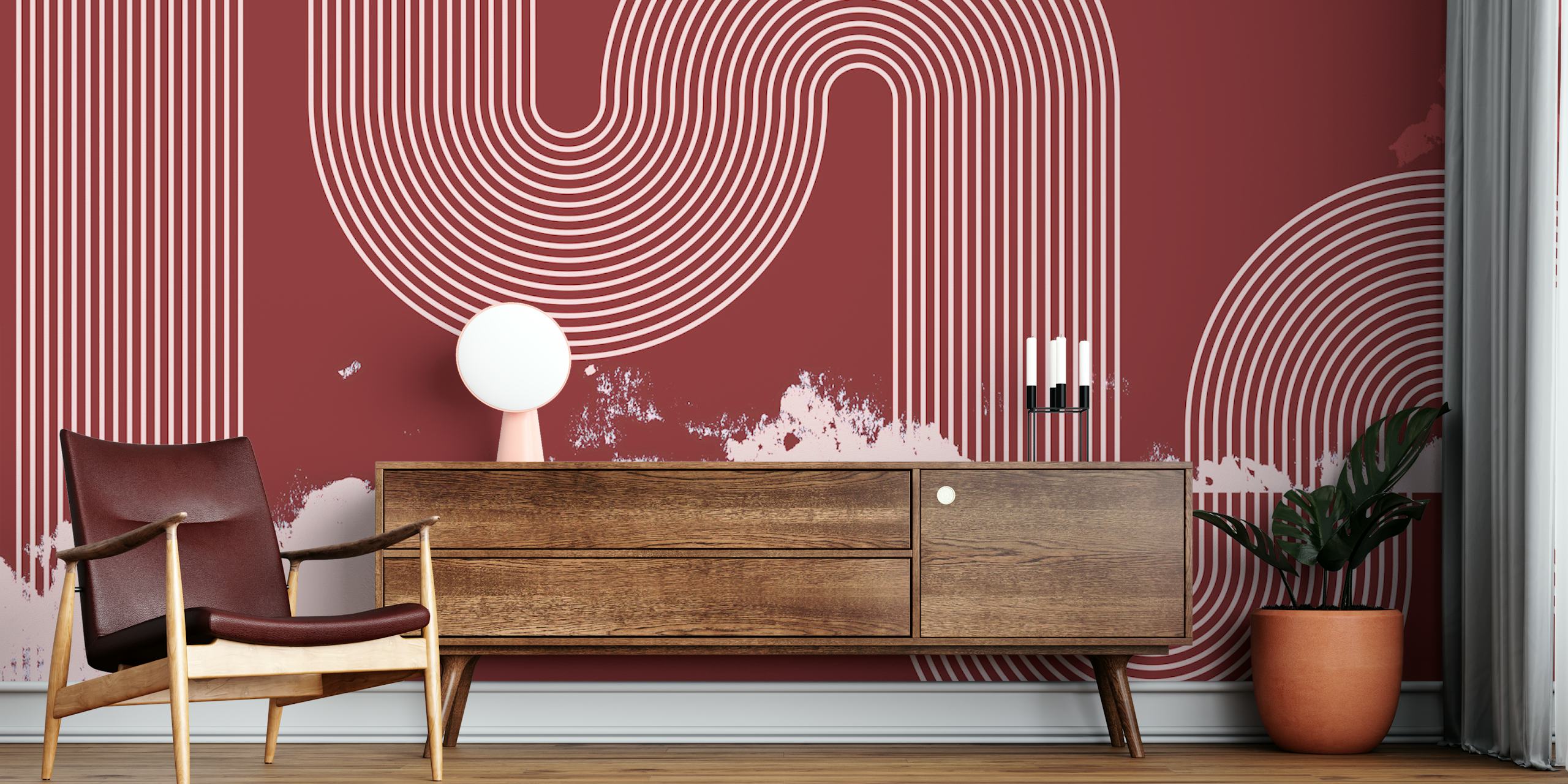 Mid Century Modern Curvy Line Art wall mural in maroon with abstract white lines.