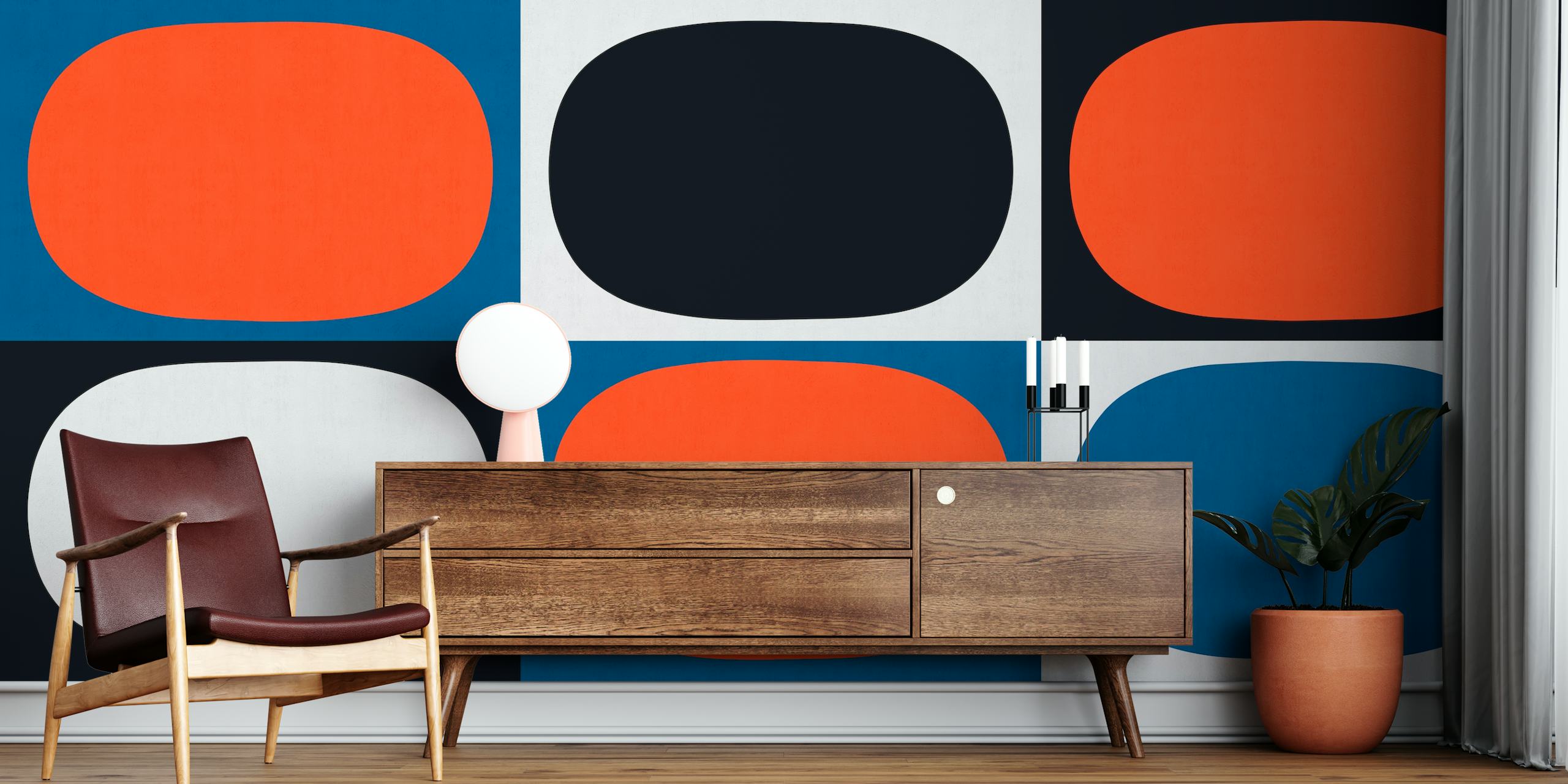 Geometric blue and red pattern with rounded shapes wallpaper