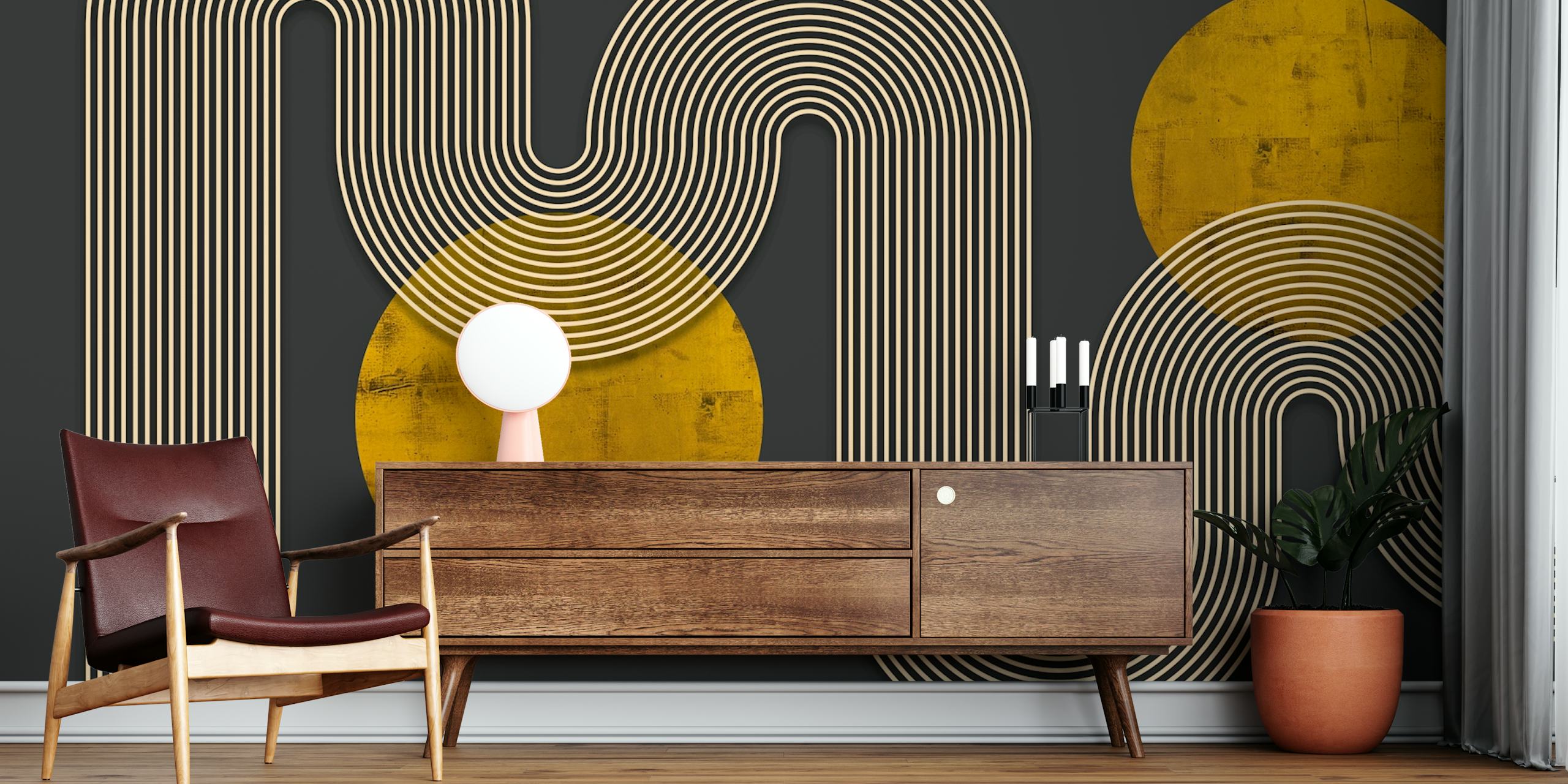 Modern arch line art wave wallpaper in a room